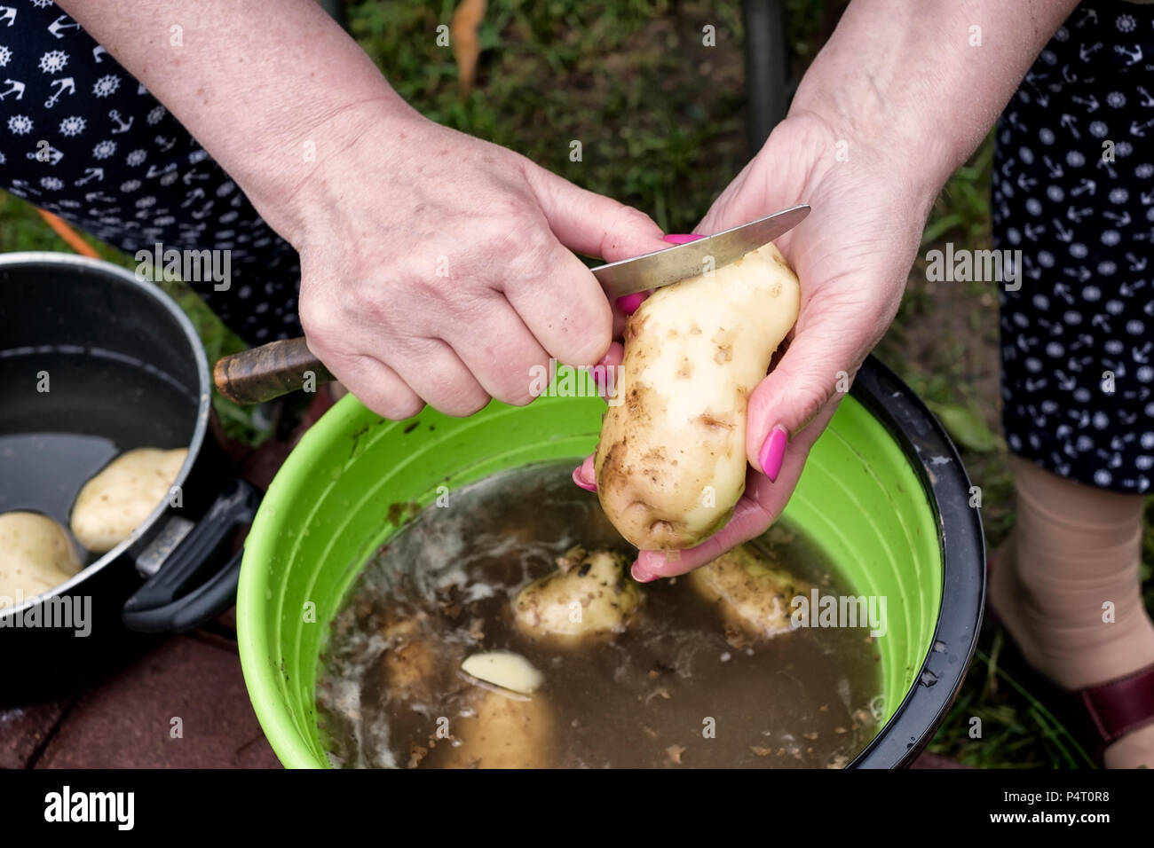 Donna es la pelatura patate fresche con coltello, vista dall'alto Foto Stock