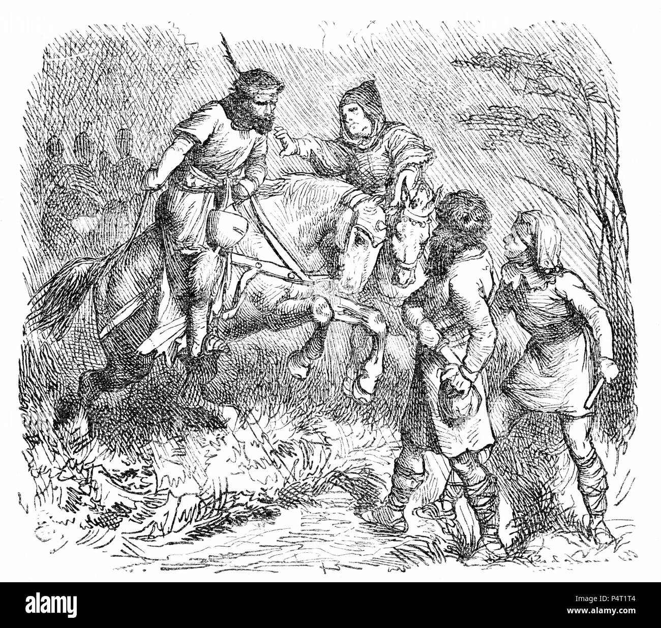 Incisione di due cavalieri a discutere con gli uomini a piedi. Da una copia illustrata di Ivanhoe, 1878. Foto Stock