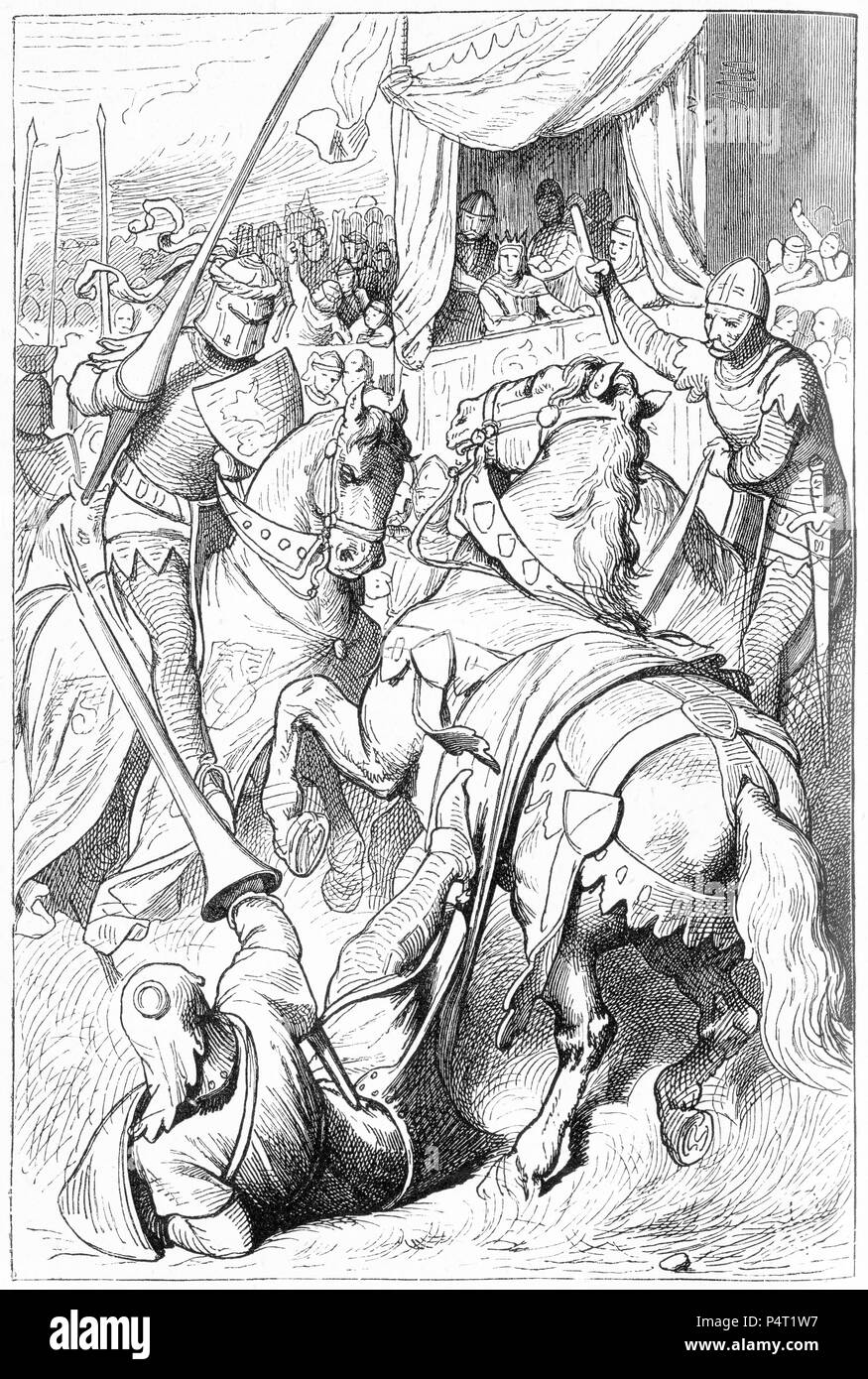 Incisione di cavalieri di combattere ad un torneo. Da una copia illustrata di Ivanhoe, 1878. Foto Stock