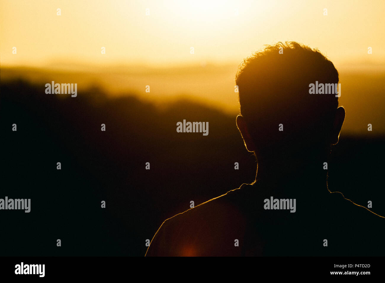Un uomo di guardare un bel tramonto oltre la Sunshine Coast entroterra. Situato a Mapleton Falls, QLD, Australia. Foto Stock