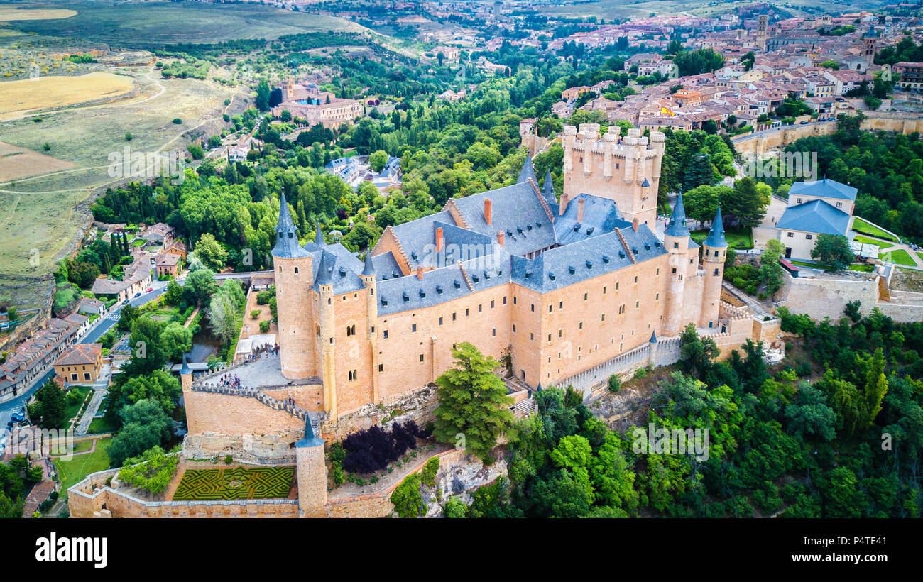 Vista aerea, l'Alcazar of Segovia, Spagna Foto Stock