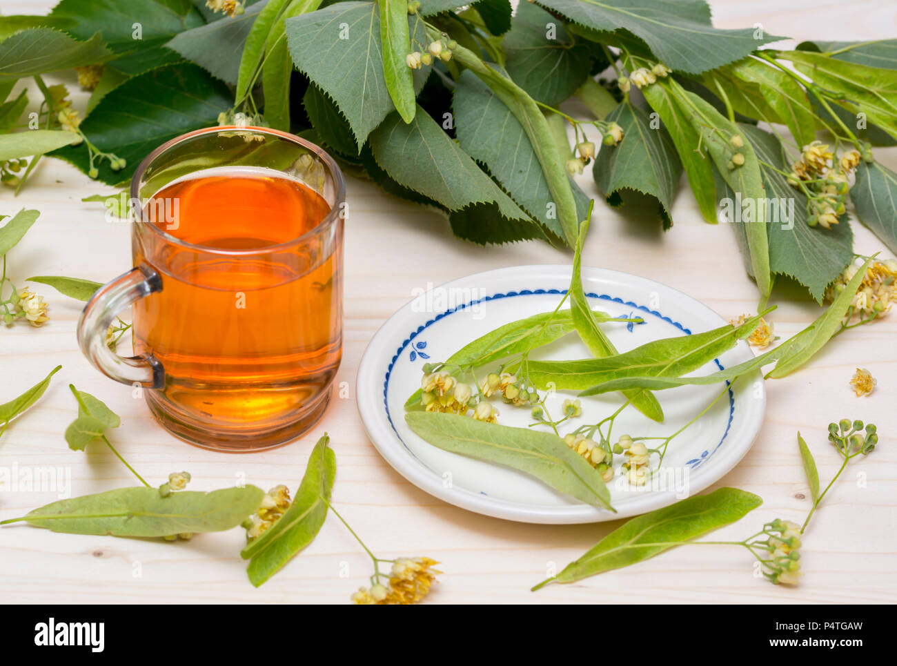 Linden tè in un bicchiere di vetro a fiori e foglie di tiglio Foto Stock