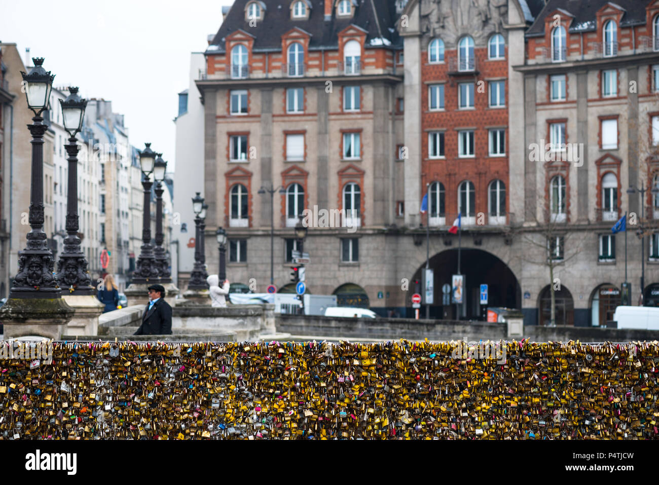 Parigi - MARZO 19, 2018: Amore lucchetti a Pont de l'Archeveche a Parigi. Le migliaia di blocchi di amare le coppie simboleggiano amare per sempre. Foto Stock