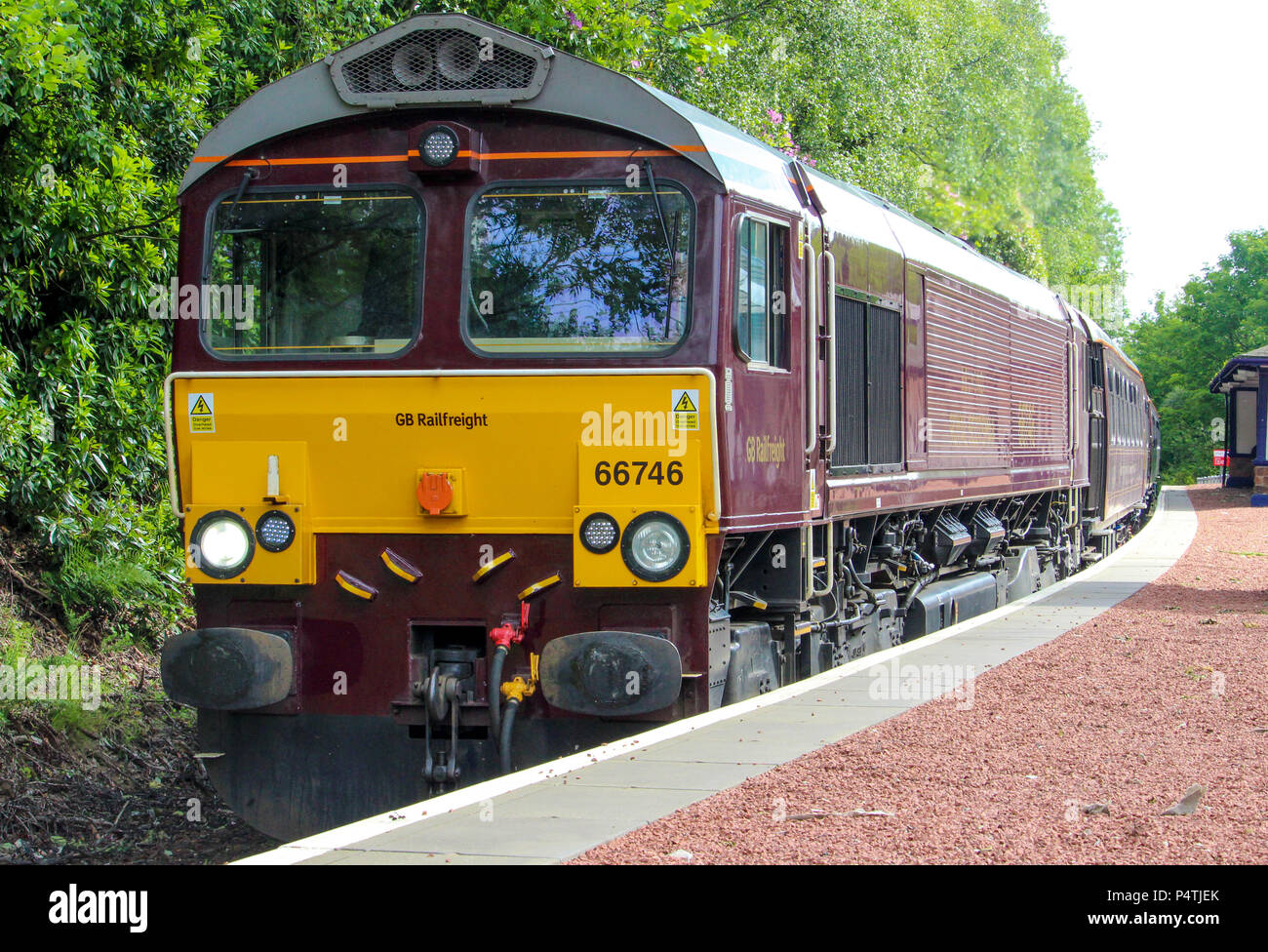 GB Railfrieight di classe della locomotiva 66 66746 arriva a Garelochhead tirando il Belmont Royal Scotsman treno di lusso da Edimburgo a Spean Bridge. Foto Stock