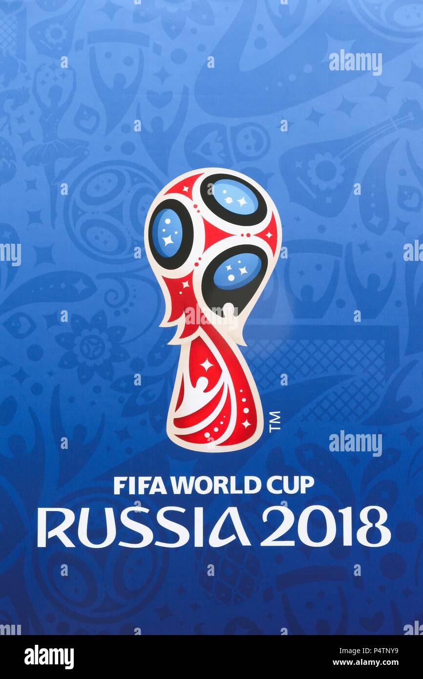 Aarhus, Danimarca - 22 Giugno 2018: Russia World Cup 2018 logo su una parete Foto Stock