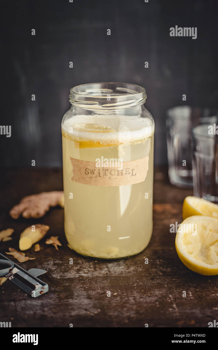 Switchel, fatti in casa da bere con lo zenzero, aceto di mele, miele e limone Foto Stock