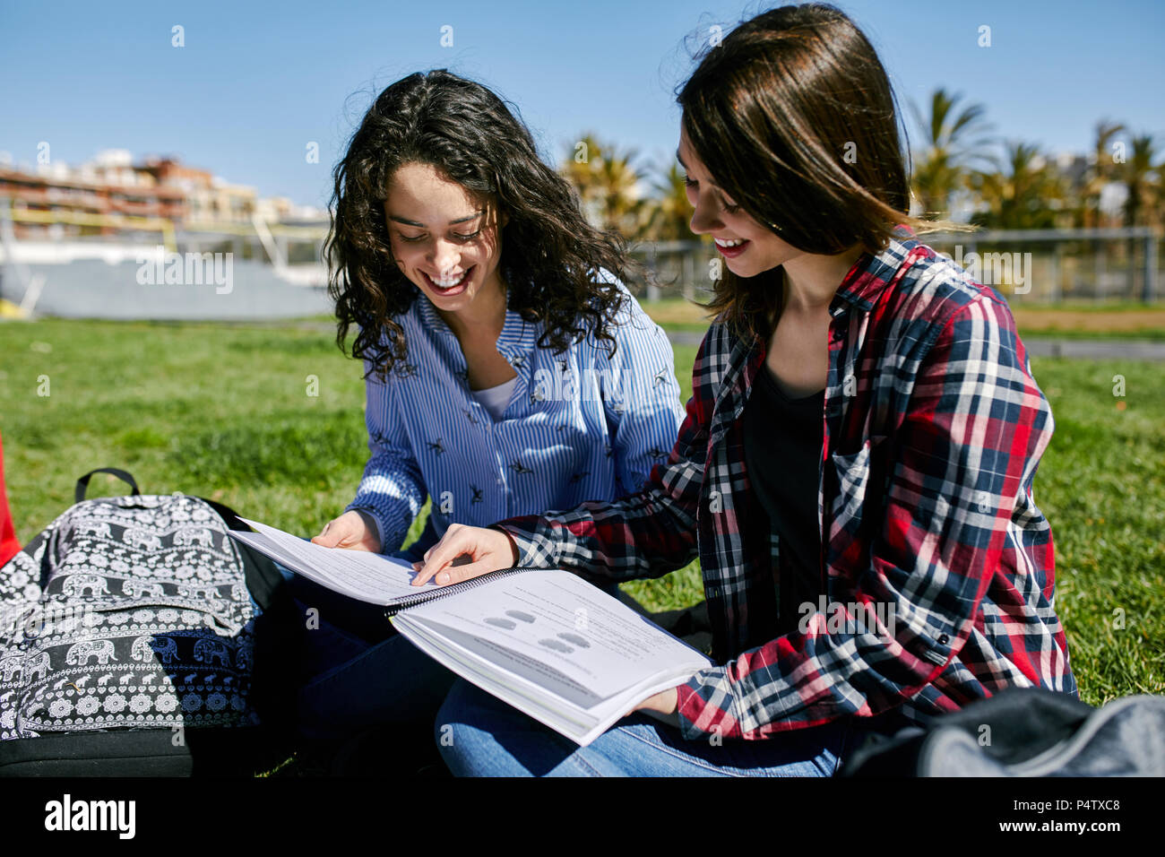 Sorridente due studentesse in seduta park imparare insieme Foto Stock