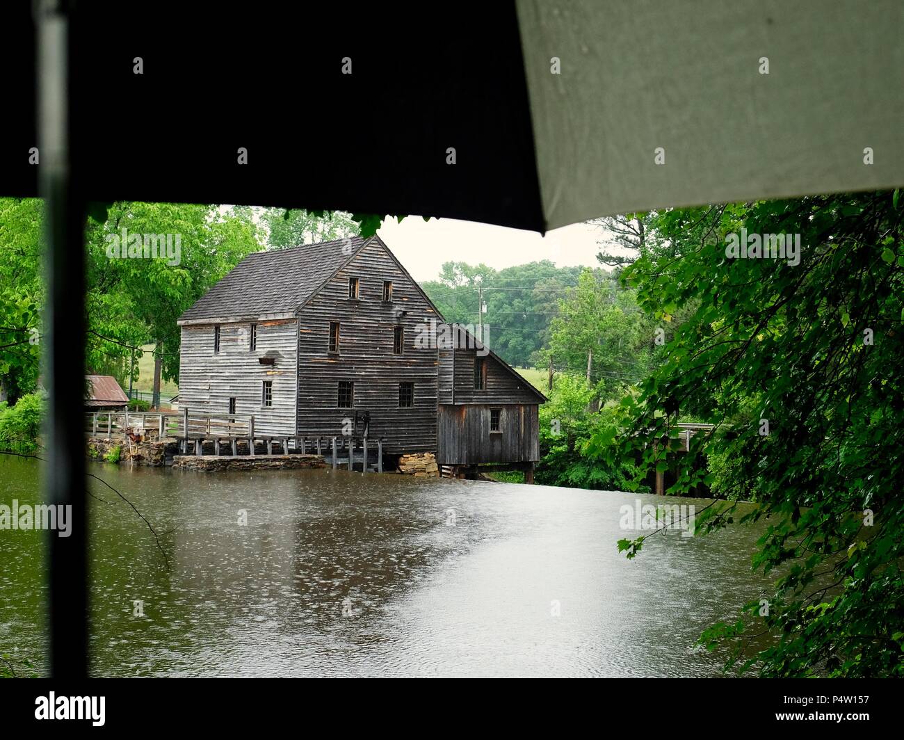 La molla di docce a Yates storico mulino Parcheggio contea in Raleigh North Carolina - Vista dal ponte di osservazione attraverso lo stagno Foto Stock