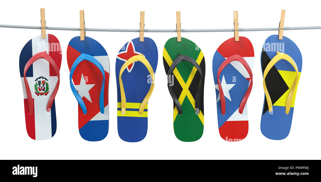 Appendere il flip flop a colori delle bandiere dei vari paesi dei Caraibi Aruba, Bahamas, Cuba, la Repubblica Domenicana, Giamaica, Puerto-Rico. Viaggi e turismo conc Foto Stock