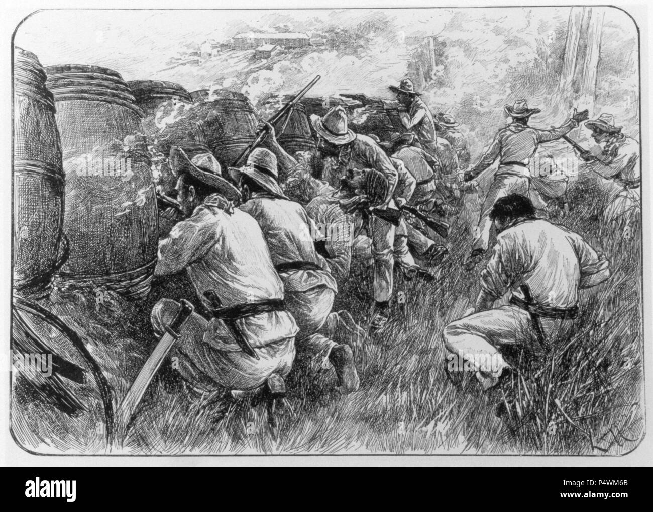 Grabado donde se ven insurrectas detrás de n.a. barricada hecha de azúcar. Guerra de Cuba. Foto Stock