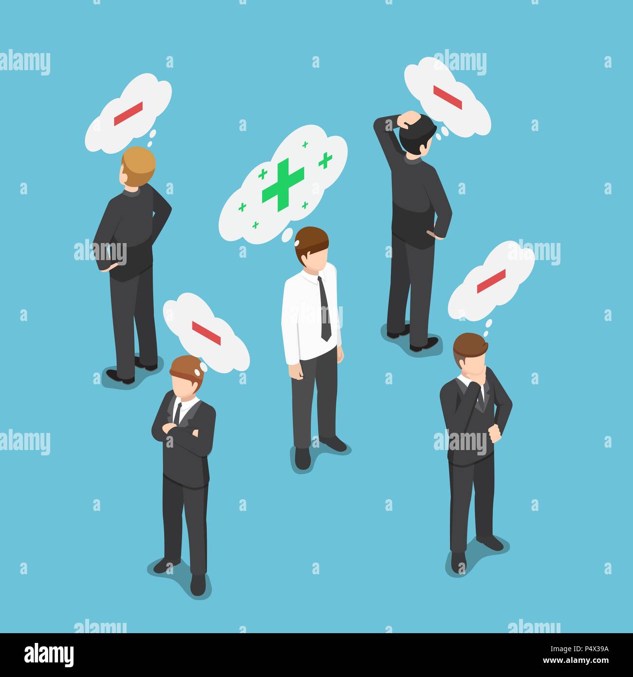 Appartamento 3D isometrica pensare positivo imprenditore nella folla di pensiero negativo di persone. Pensare positivo concetto. Illustrazione Vettoriale