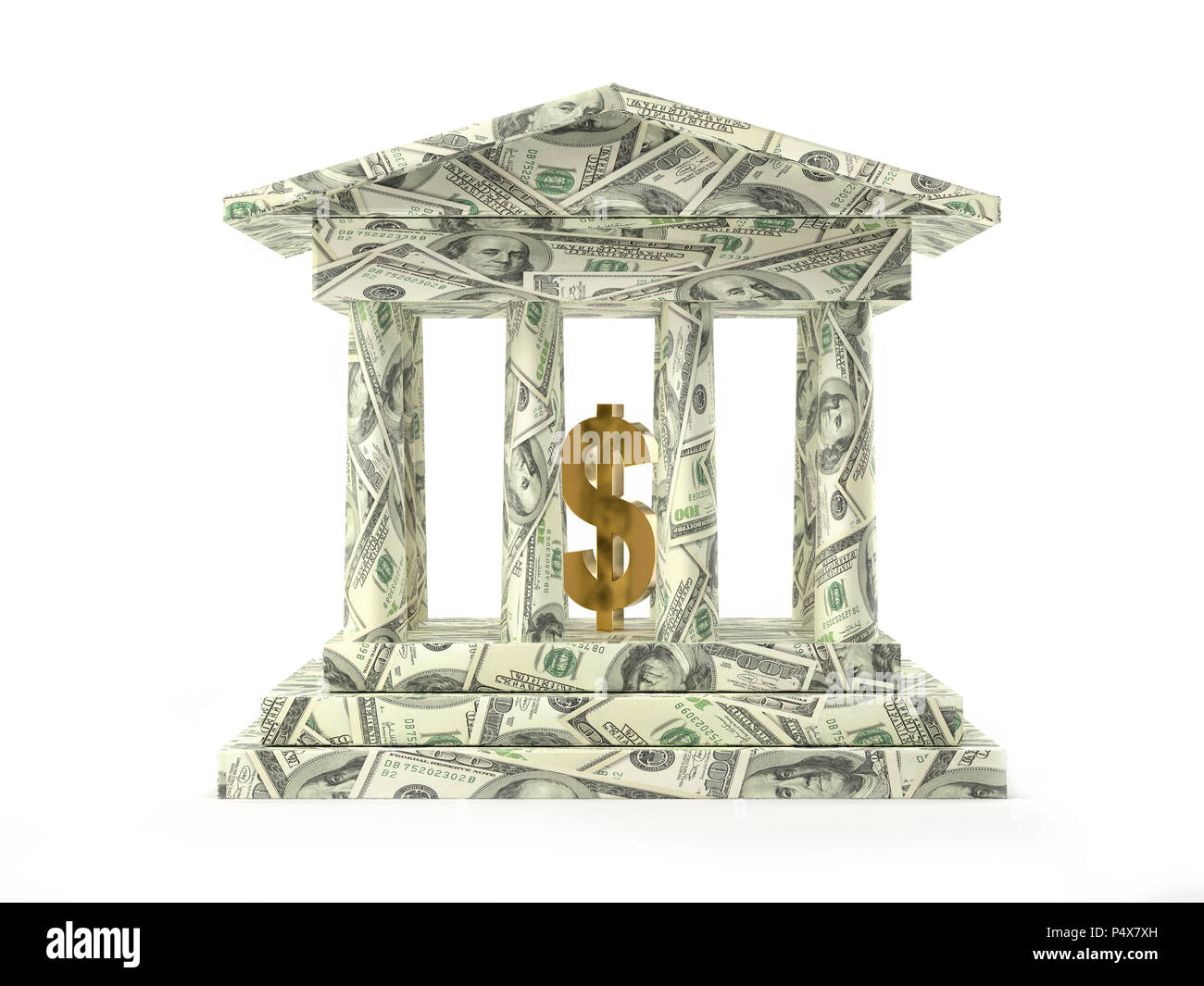 3D render di banca struttura colonnare avvolto intorno con un centinaio di dollari USA banconote e Golden American dollar sign Foto Stock