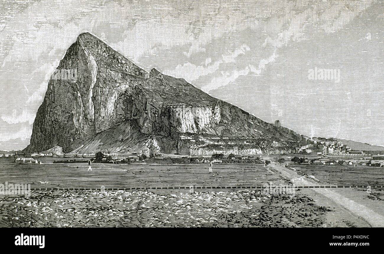 Rocca di Gibilterra. Incisione di Rico, 1882. Foto Stock
