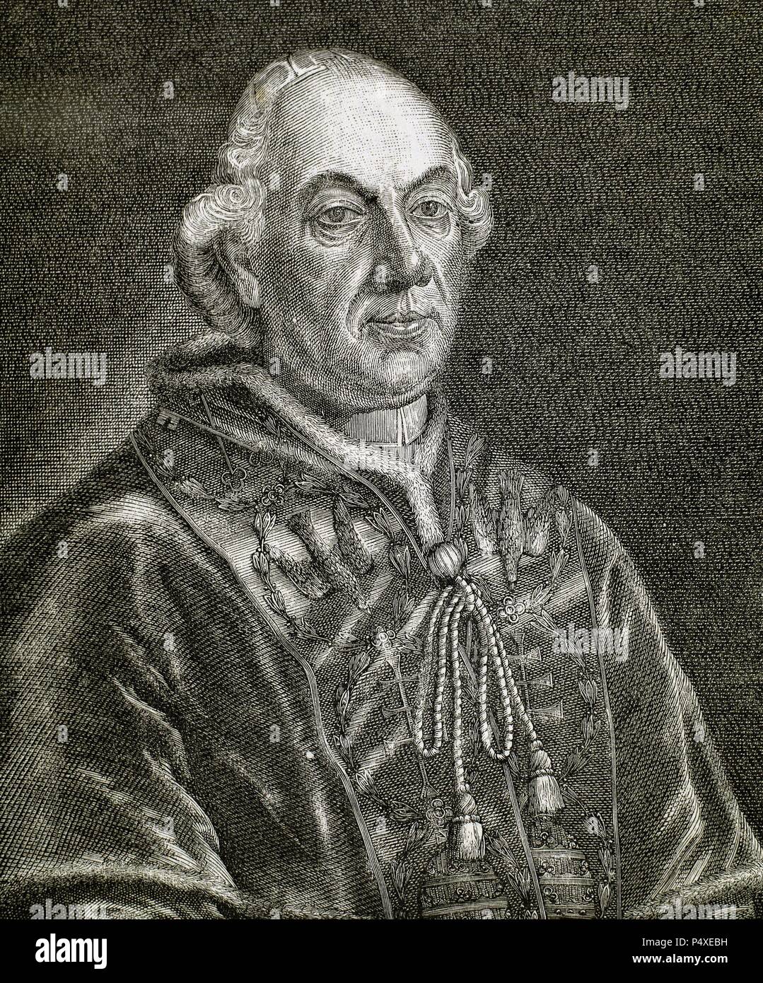 Pio VI (Cesena ,1717-Valence, 1799). Papa italiano, denominato Giannangelo Braschi. Eletto nel 1775. Incisione di R. Cremer. Foto Stock