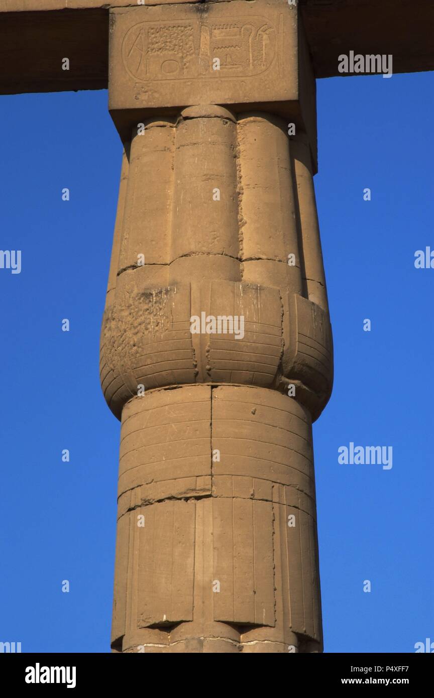 L'Egitto. Tempio di Luxor. Corte di Amenhotep III composto da fasciculate colonne con capitelli di papiro. Dinastia XVIII. Nuovo Regno. Antica Tebe. "Waset'. Foto Stock