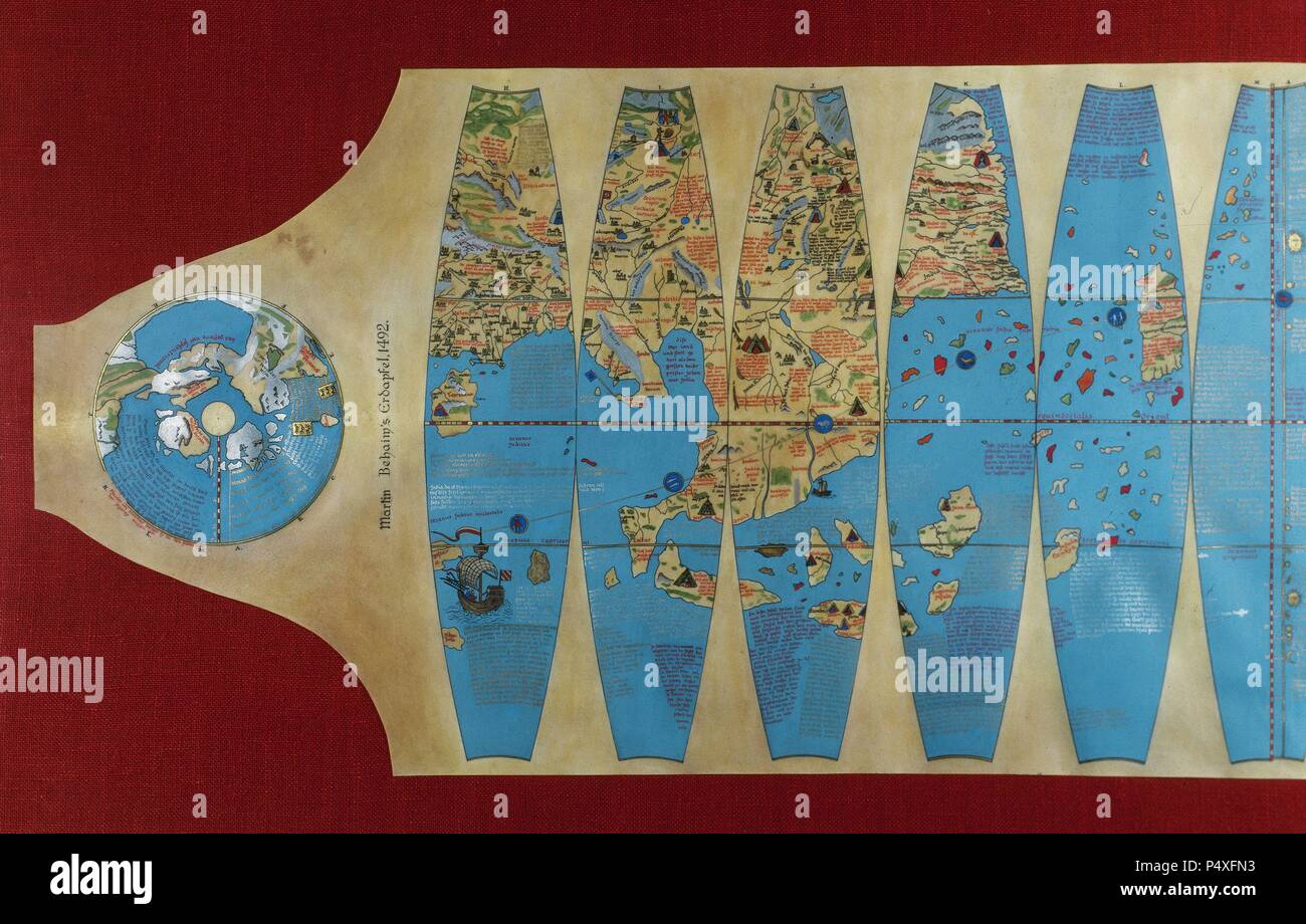 MAPA MUNDI. Detalle de l'Asia. Realizado por el comerciante y cosmógrafo Martín BEHAIM (Norimberga, 1459-Lisboa,1507) en el año 1492. Rappresentanouna el mundo tal y como era conocido inmediatamente antes del descubrimiento de América. Museo Nacional de Norimberga. Alemania. Foto Stock