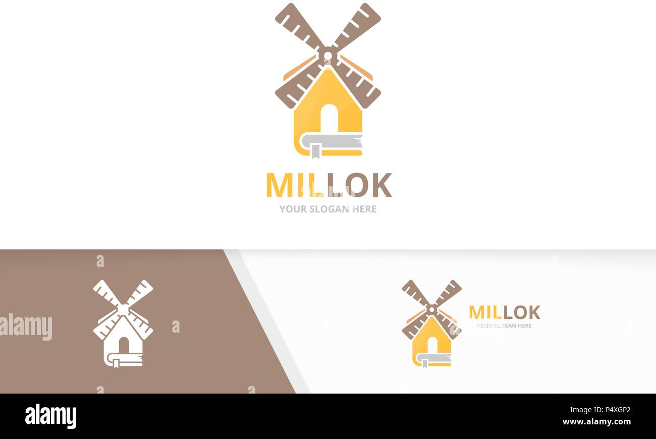 Vector mill e prenota la combinazione di logo. Azienda agricola e la libreria di simbolo o icona. Il mulino a vento di univoco e libreria logotipo di modello di progettazione. Illustrazione Vettoriale