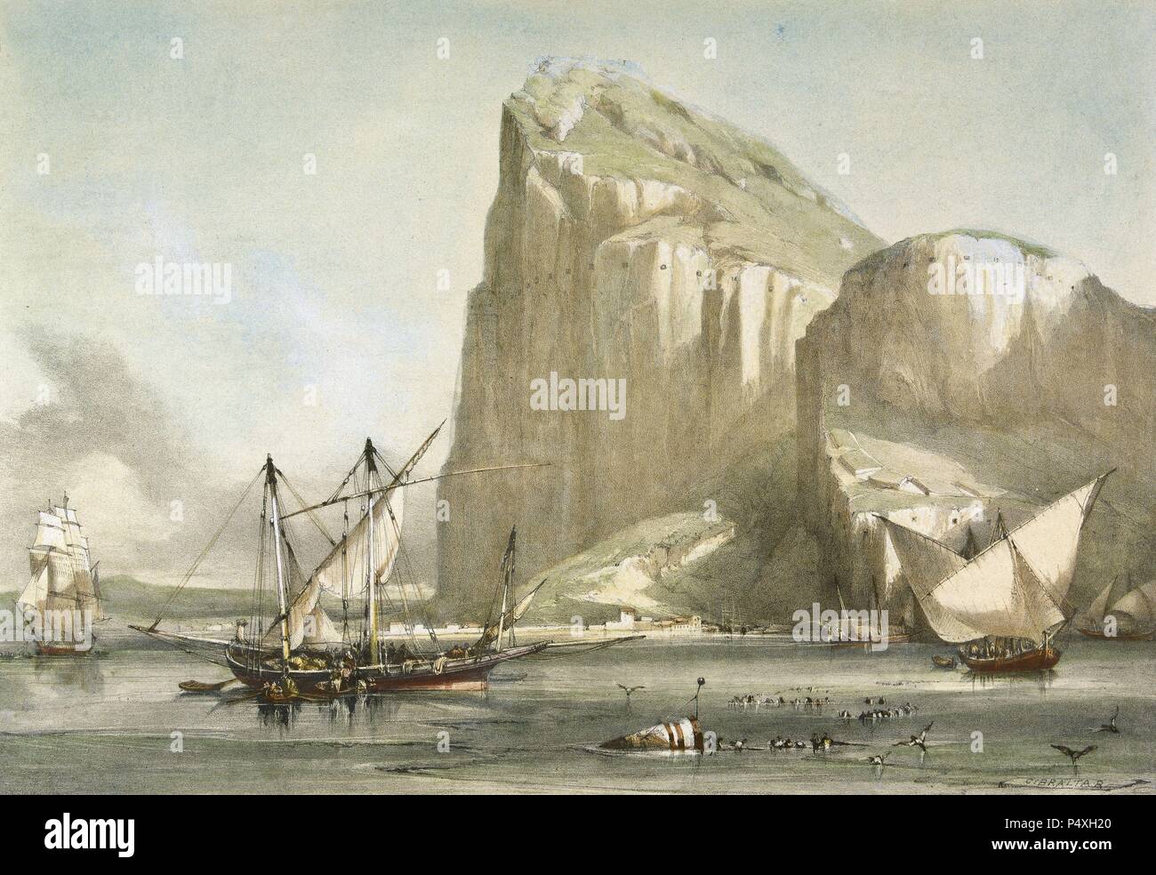 Gibilterra. Vista dall'ancoraggio. Disegno di Nicolas Chapuy. La litografia da Cuvillier. Parigi, 1844. Foto Stock