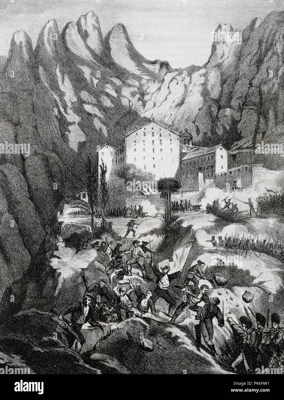 Guerra Peninsulare (1808-1814)conquista e saccheggio del monastero di Montserrat dalle truppe francesi, 1811. La litografia del XIX secolo. Foto Stock