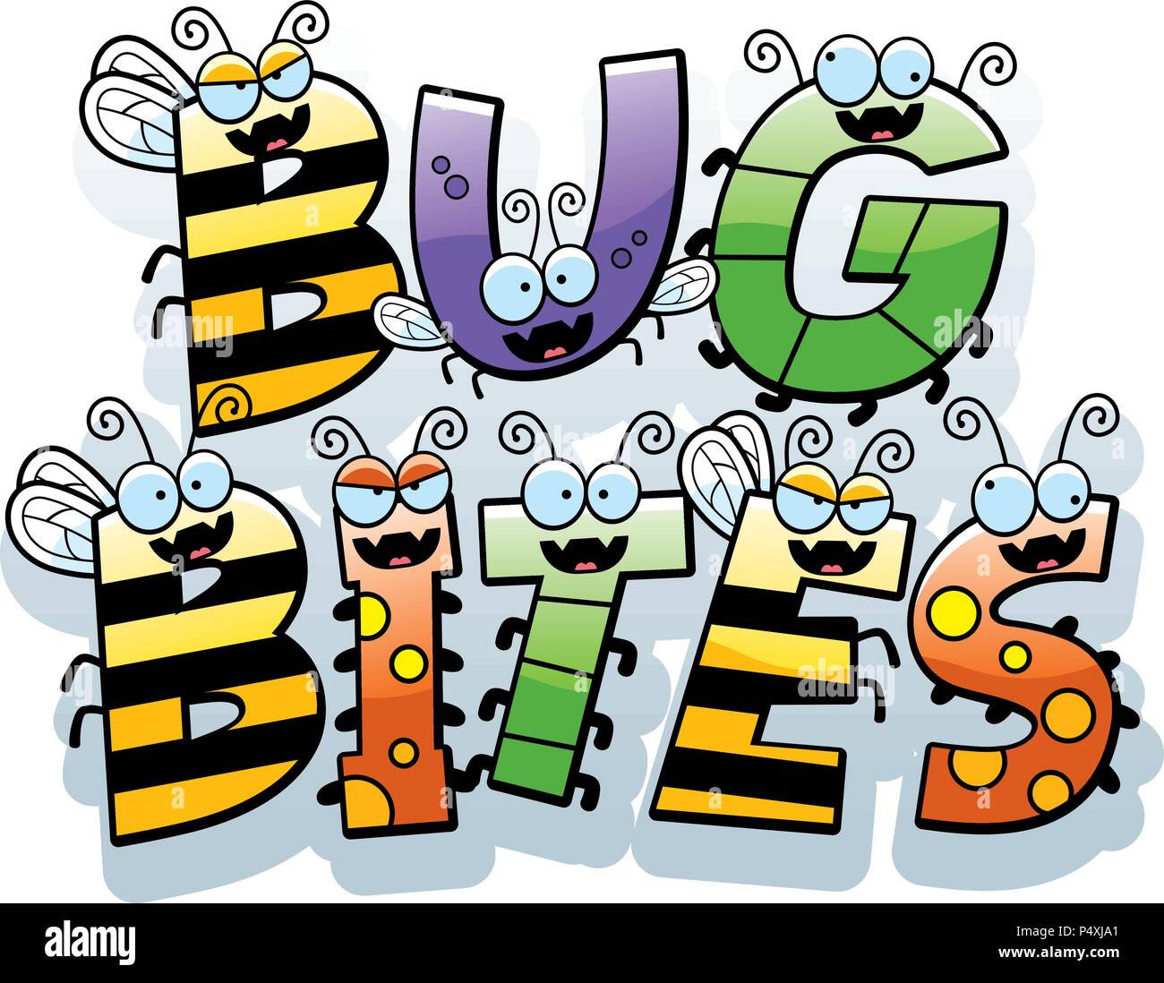 Un cartoon illustrazione del testo i morsi di bug con un bug del tema. Illustrazione Vettoriale