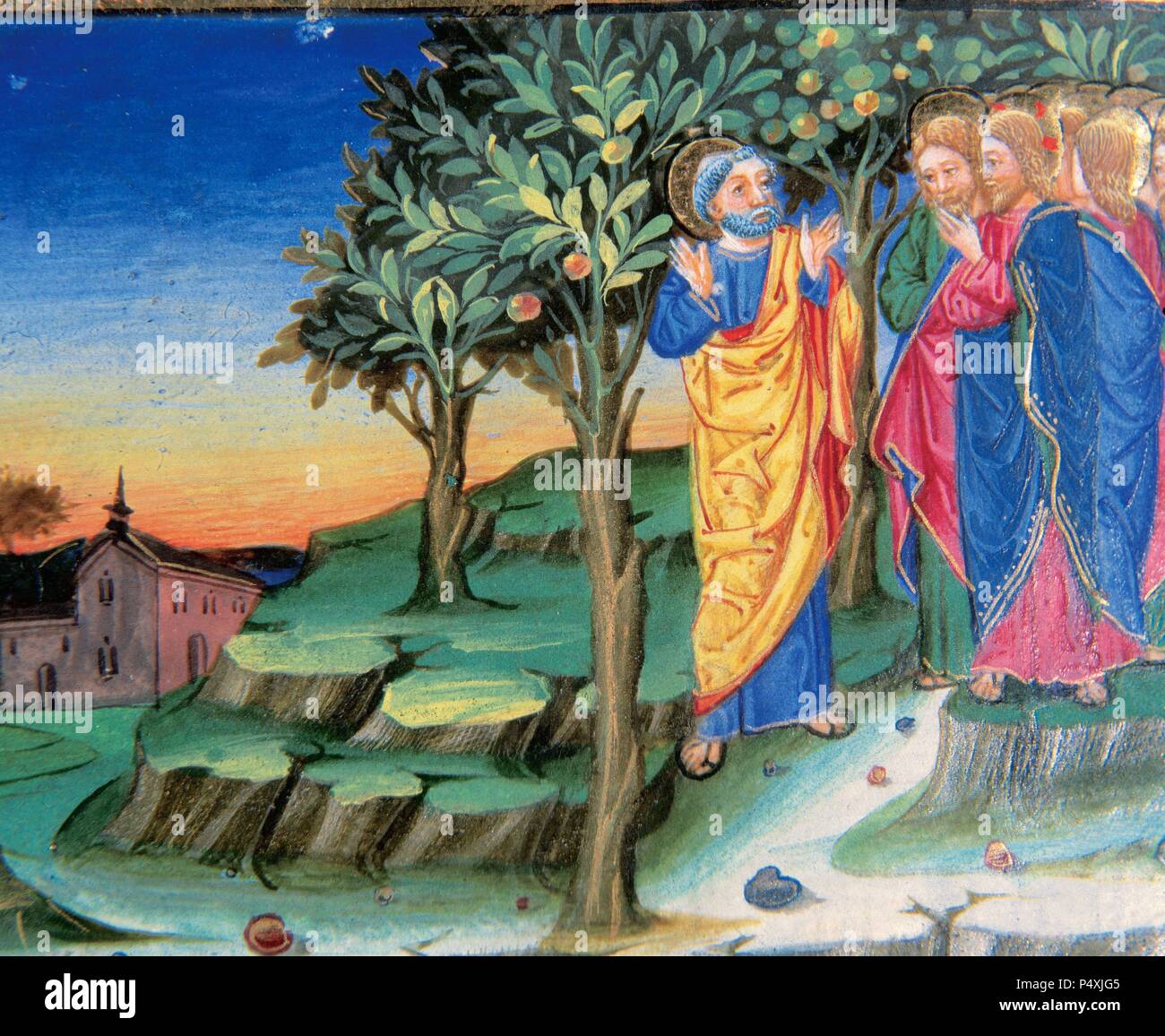 Gesù va a monte degli Ulivi per pregare. Codex di Predis (1476). Biblioteca Reale. Torino. L'Italia. Foto Stock