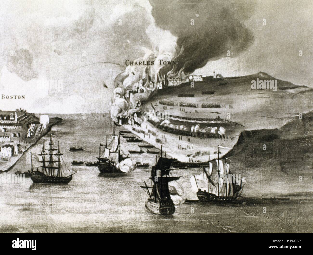 Guerra di Indipendenza Americana (1775-1783). La battaglia di Bunker Hill (17 giugno 1775). Incisione del XVIII secolo. Foto Stock