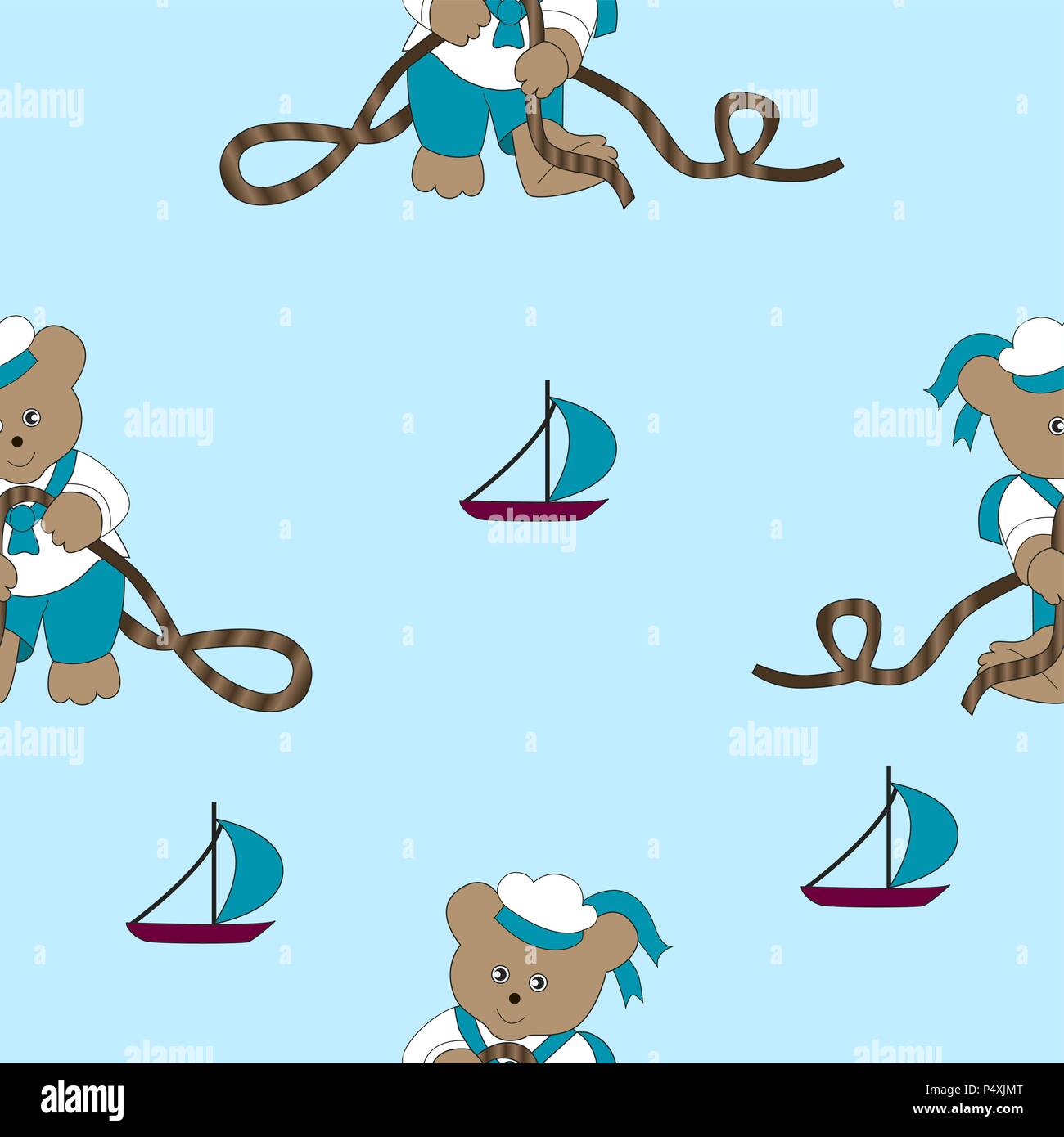 Allegro cartoon bear sailor legatura di nodi su una corda. Vettore illustrazione perfetta per i bambini. Illustrazione Vettoriale