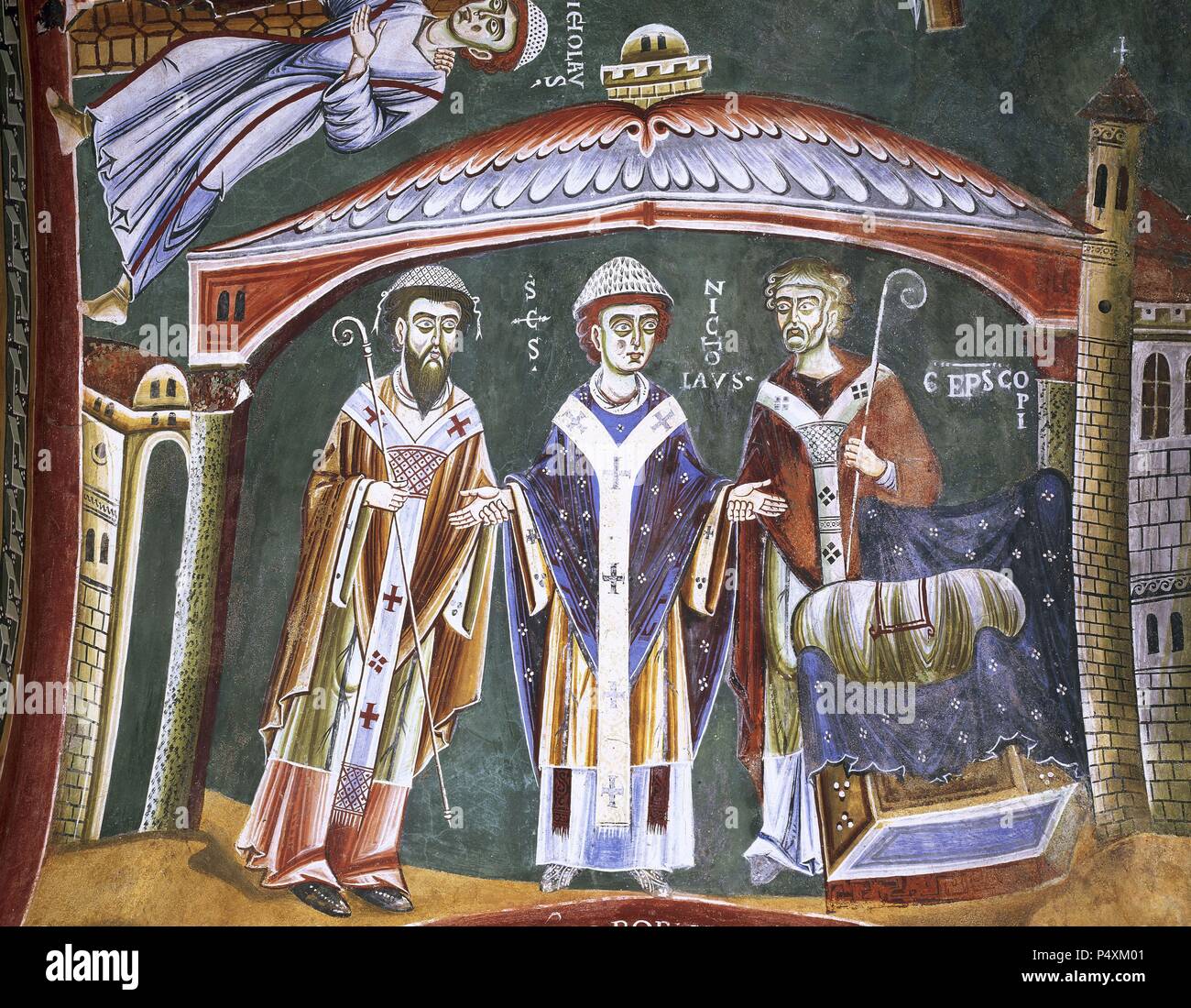 L'Italia. Abbazia di Novalesa. Cappella di Sant' Eldrado e San Nicola. Xi secolo. Affresco raffigurante San Nicola consacrato vescovo. Archivio. Foto Stock