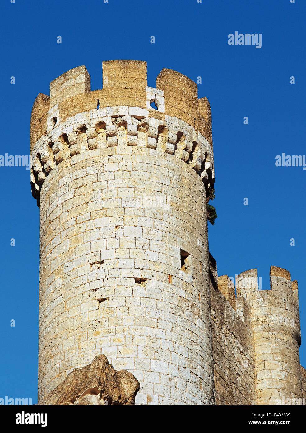 Spagna. Pen afiel. Castello fondato nel decimo secolo dal conte Lain Calvo. Torre. Monumento Nazionale nel 1917. Foto Stock
