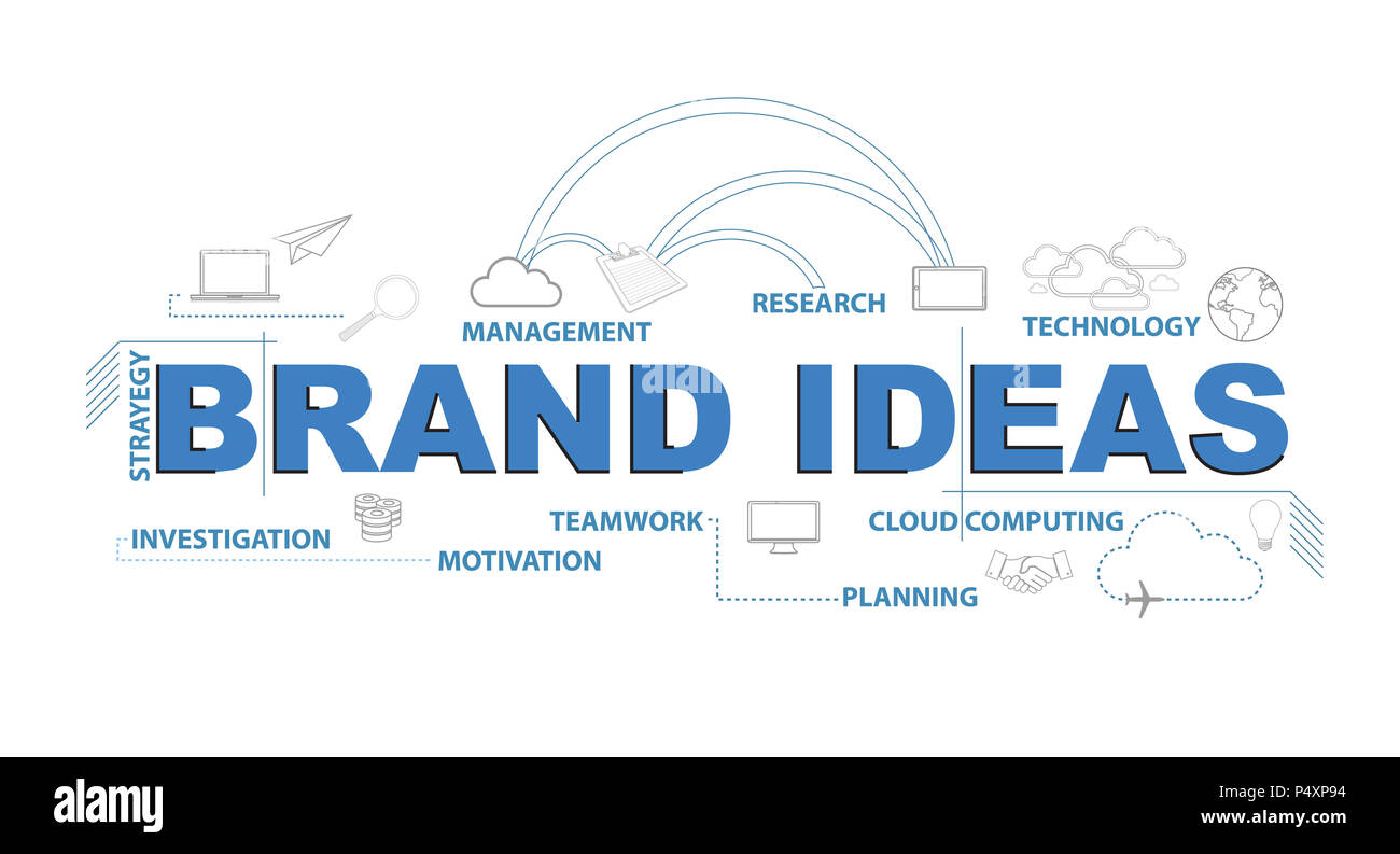 Marca testo idee ed infografico design concept grafico su uno sfondo blu Foto Stock