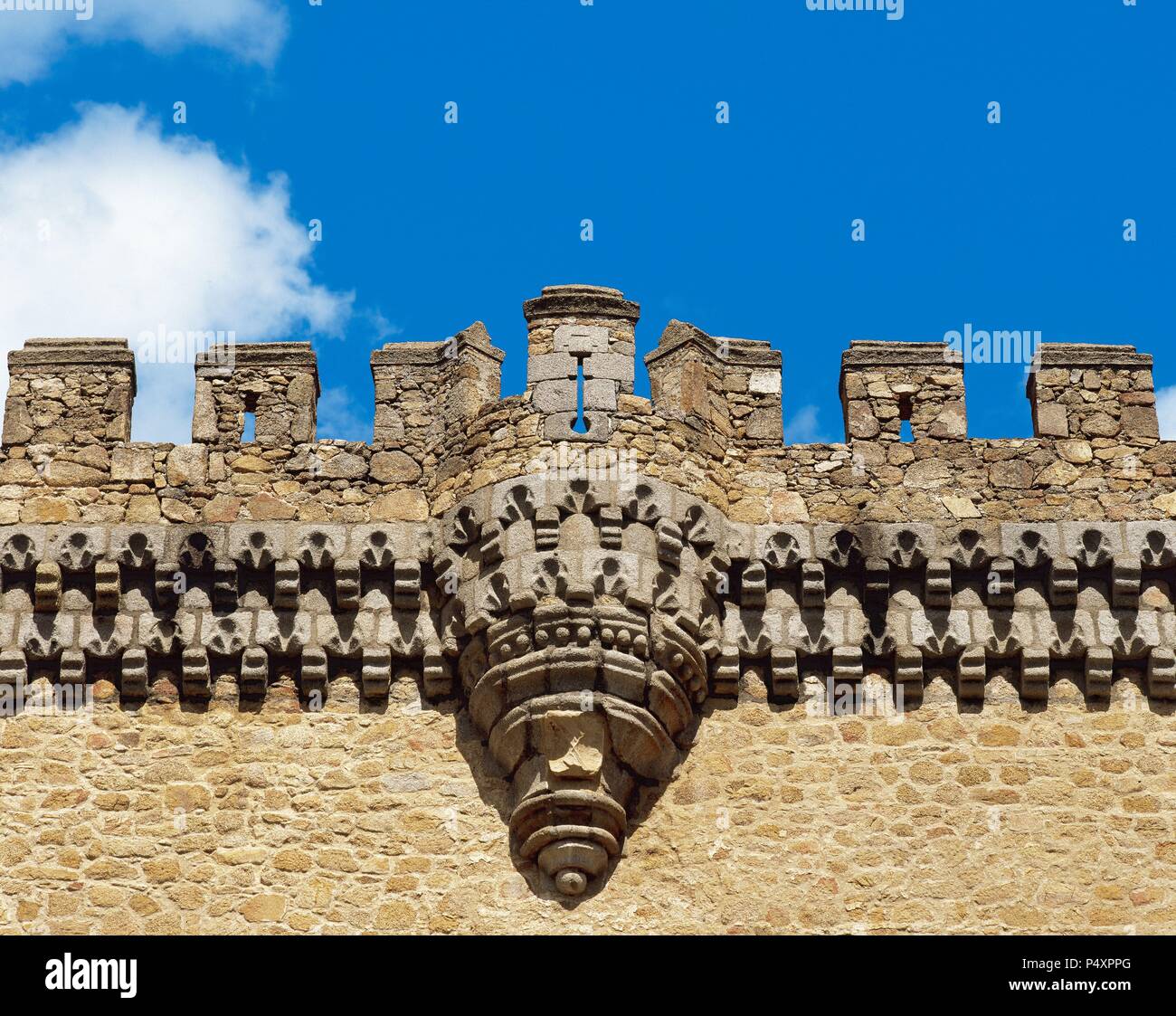 Spagna. Comunità di Madrid. Manzanares el Real. Il Castello Reale, costruito nel 1475 per ordine di Diego Hurtado de Mendoza. Dettaglio. Foto Stock