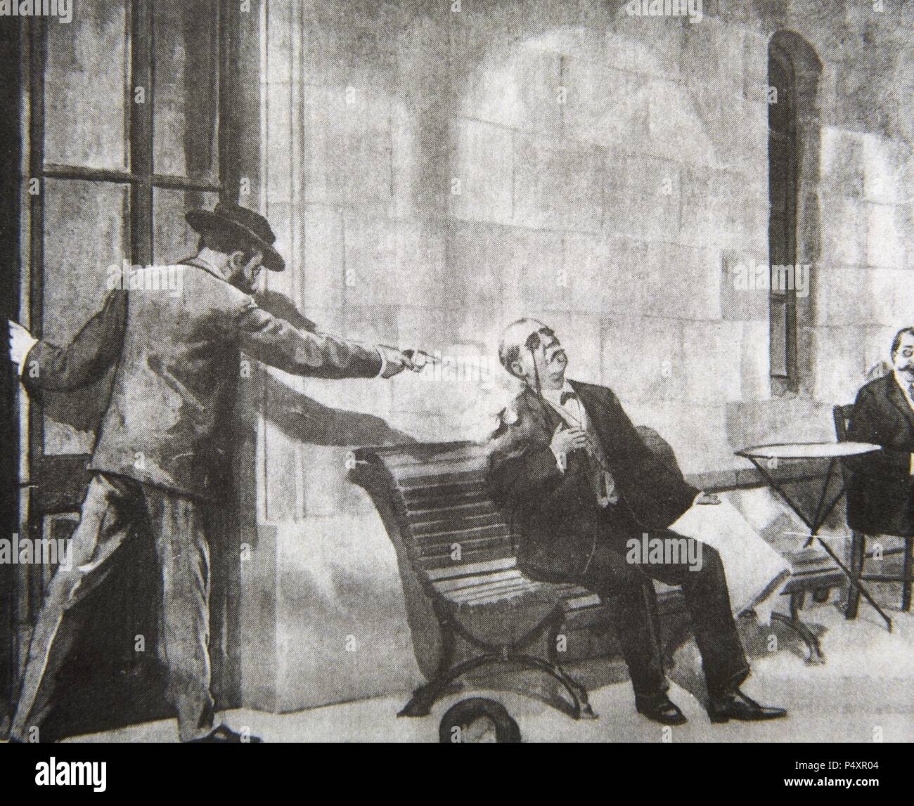 Antonio Canovas del Castillo (1828-1897). Politico spagnolo. Assassinio di Canovas del Castillo dalla Angiolillo anarchico nella località di Santa Agueda, 1897. La spagnolo e illustrazione americana. Foto Stock