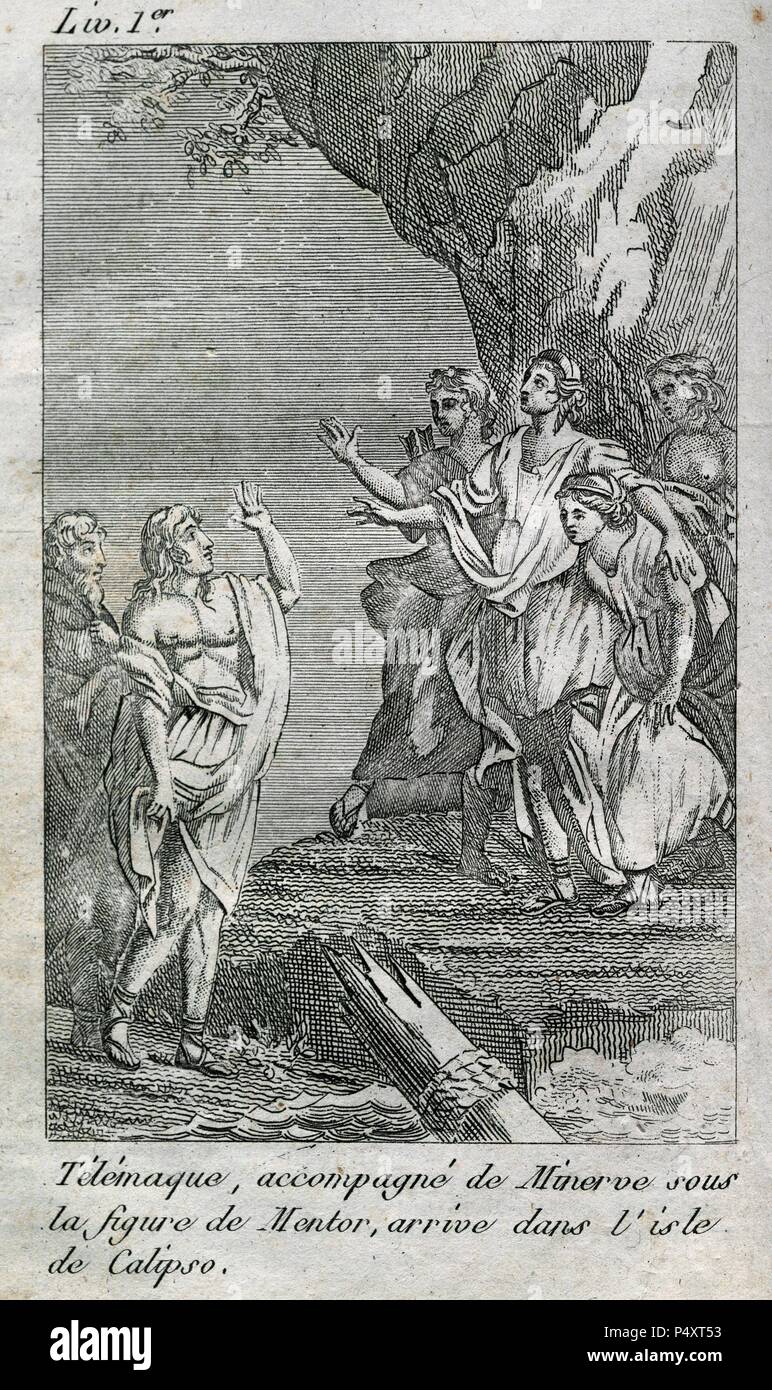 Francois Fenelon (1651-1715). Arcivescovo francese, teologo e scrittore. Le avventure di Telemaco, 1699. Incisione raffigurante Telemaco con MInerva arriva sull'isola di Calypso. Prenota uno. Il principe Edition. Biblioteca episcopale di Barcellona. Spagna. Foto Stock