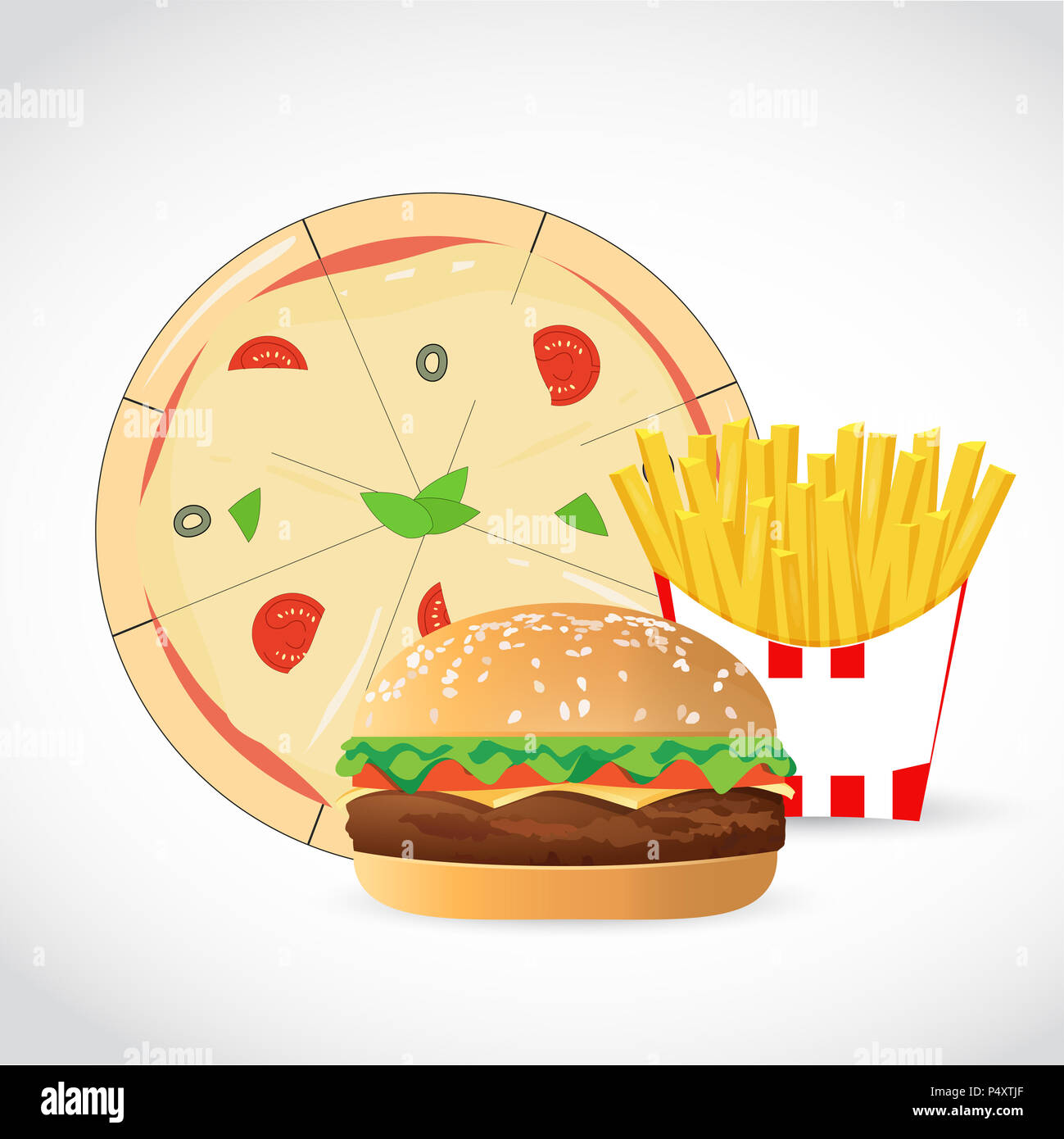 Pizza, hamburger e patatine fritte. Il fast food concept. design graphic. isolate su sfondo bianco Foto Stock