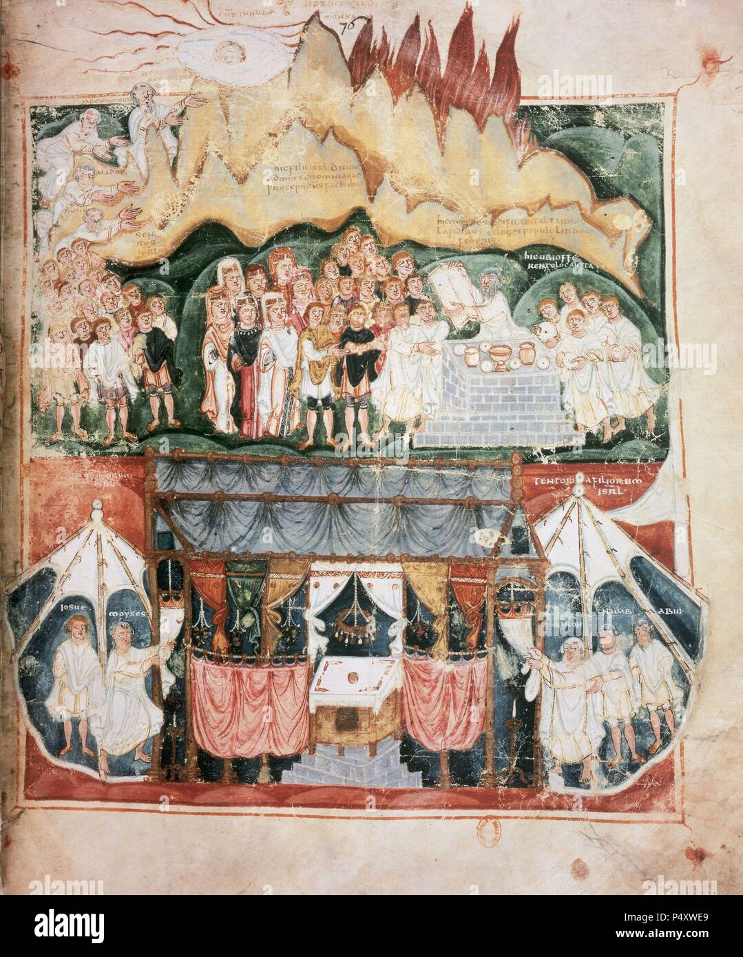 Arte Visigotica. VI-VII secolo. ASHBURNHAM o tour Pentateuco. Hispano-Visigothic miniatura. Esso epresents: Mosè sul monte Sinai, compresse di diritto e il tabernacolo. Biblioteca nazionale. Parigi. La Francia. Foto Stock