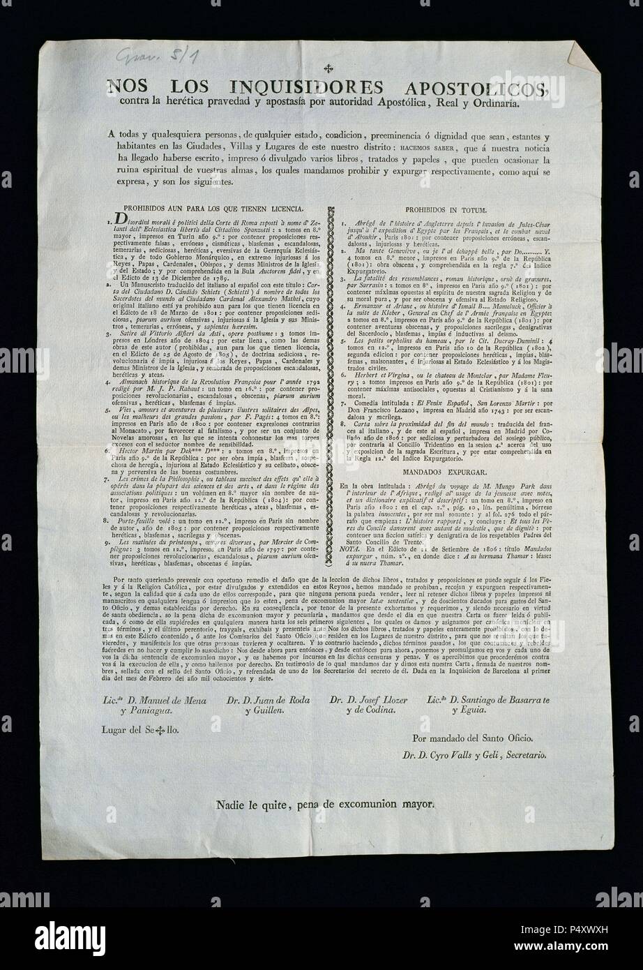 Inquisizione spagnola. Documento del XIX secolo. Data: Barcellona, 01-01-1807. Foto Stock