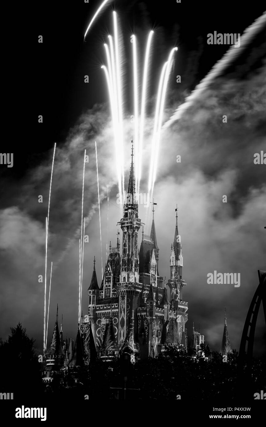 Magic Kingdom fuochi d'artificio su Castello di Cenerentola a Walt Disney World, a Orlando, Florida, Stati Uniti d'America Foto Stock