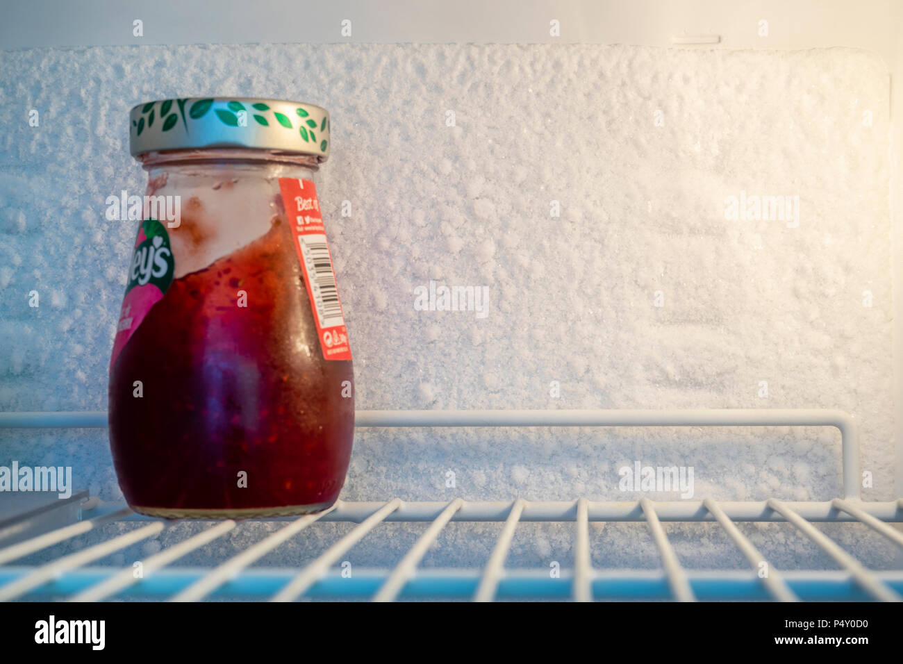 Vasetto di marmellata su un ripiano interno di un frigorifero con uno strato di ghiaccio sulla parete edificata in un frigo Foto Stock