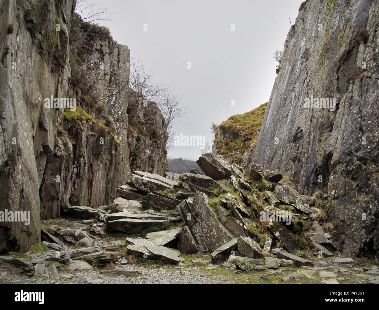 Cumulo di rocce caduti in gulley nel Parco Nazionale di Snowdonia, North Wales UK Foto Stock