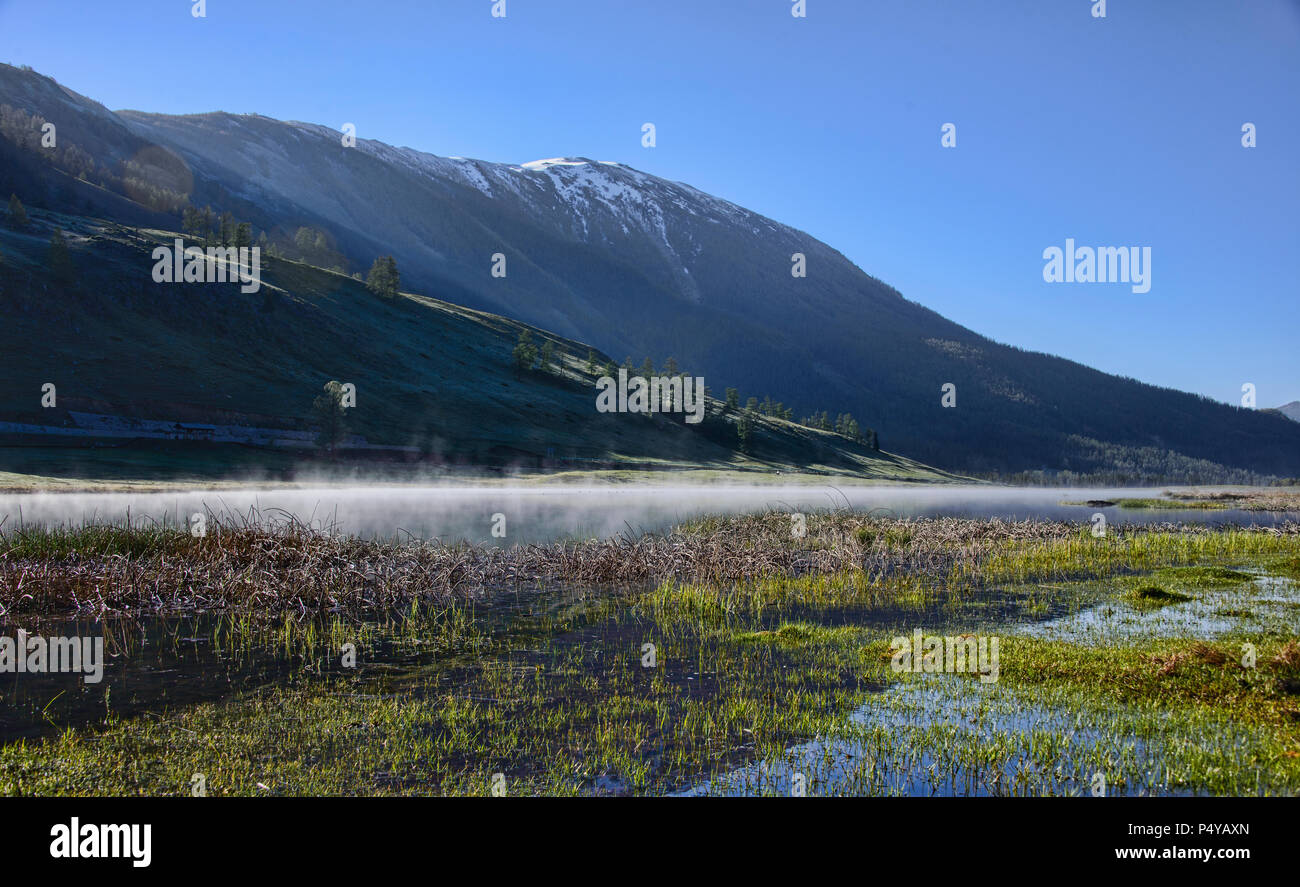 La nebbia al Lago Yaze, Kanas Lake National Park, Xinjiang, Cina Foto Stock