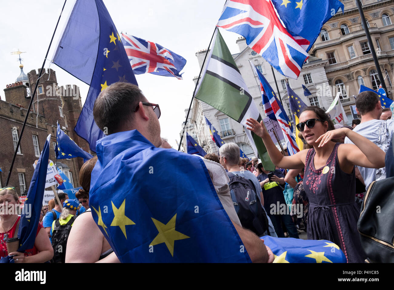 Londra, Regno Unito. Il 23 giugno 2018. Più di centomila persone hanno marciato attraverso il centro di Londra per chiedere una votazione finale su qualsiasi uscita del Regno Unito la trattativa per il secondo anniversario del voto Brexit. Anti-Brexit dimostranti percorsa da tutto il paese ad aderire al rally, organizzata da un certo numero di Westminster e basati grassroots gruppi di lobbying e segna il lancio di una petizione a livello nazionale per un "voto popolare". Londra, Regno Unito. 23 giugno 2018 Credit: Mike Abrahams/Alamy Live News Foto Stock