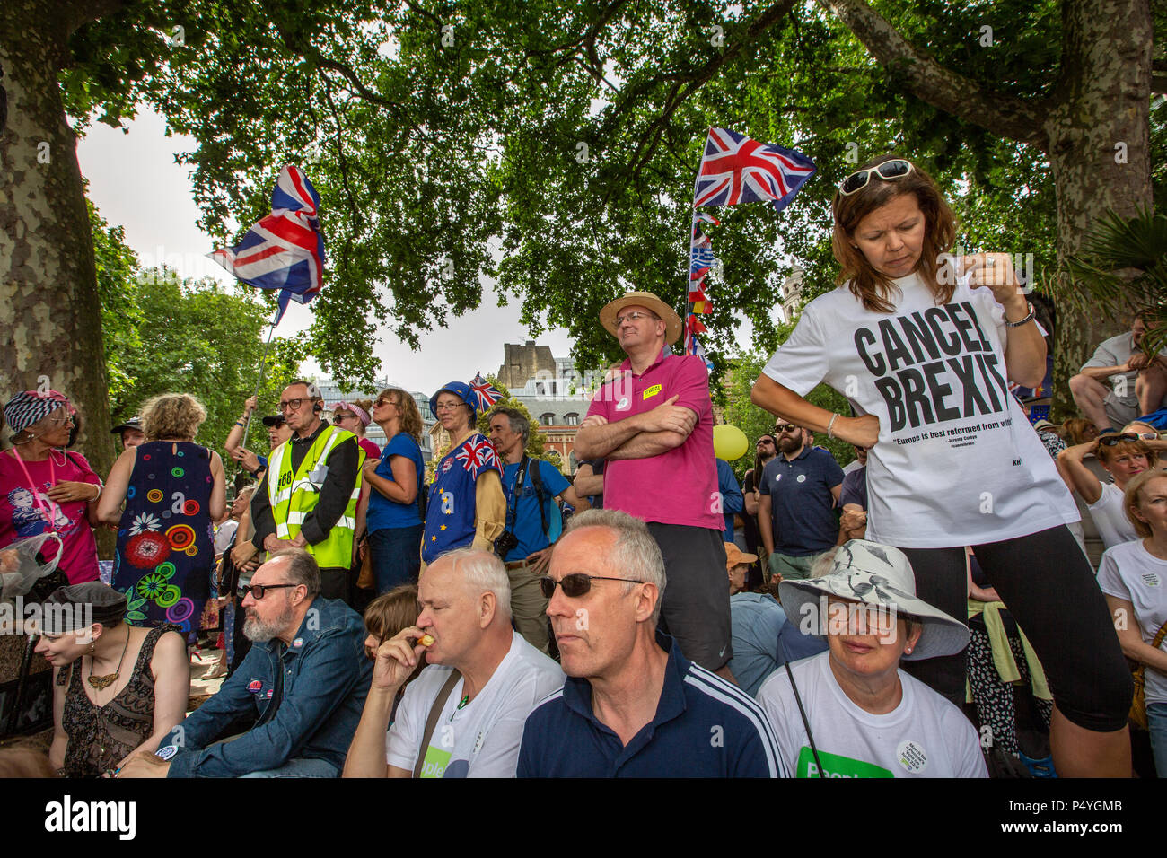 Londra, Regno Unito. Il 23 giugno, 2018. Folla sventolando due Union Jack Flag altoparlanti a guardare alla fine dell'Anti-Brexit marzo presso la piazza del Parlamento. Una donna indossa un Annulla Brexit t-shirt. Credito: Graeme Weston/Alamy Live News Foto Stock