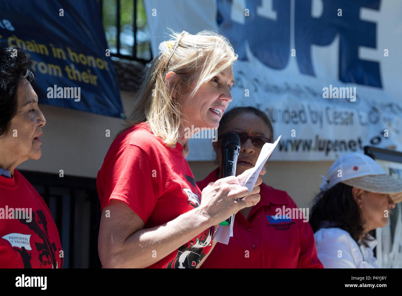 Kerry Kennedy, direttore del Robert F. Kennedy Center per la giustizia e la figlia di Robert e Ethel Kennedy, dà il via ad una 24-giorno di sciopero della fame per protestare Pres. Donald Trump's le politiche di immigrazione durante un rally su STATI UNITI-confine messicano in McAllen, Texas. Foto Stock