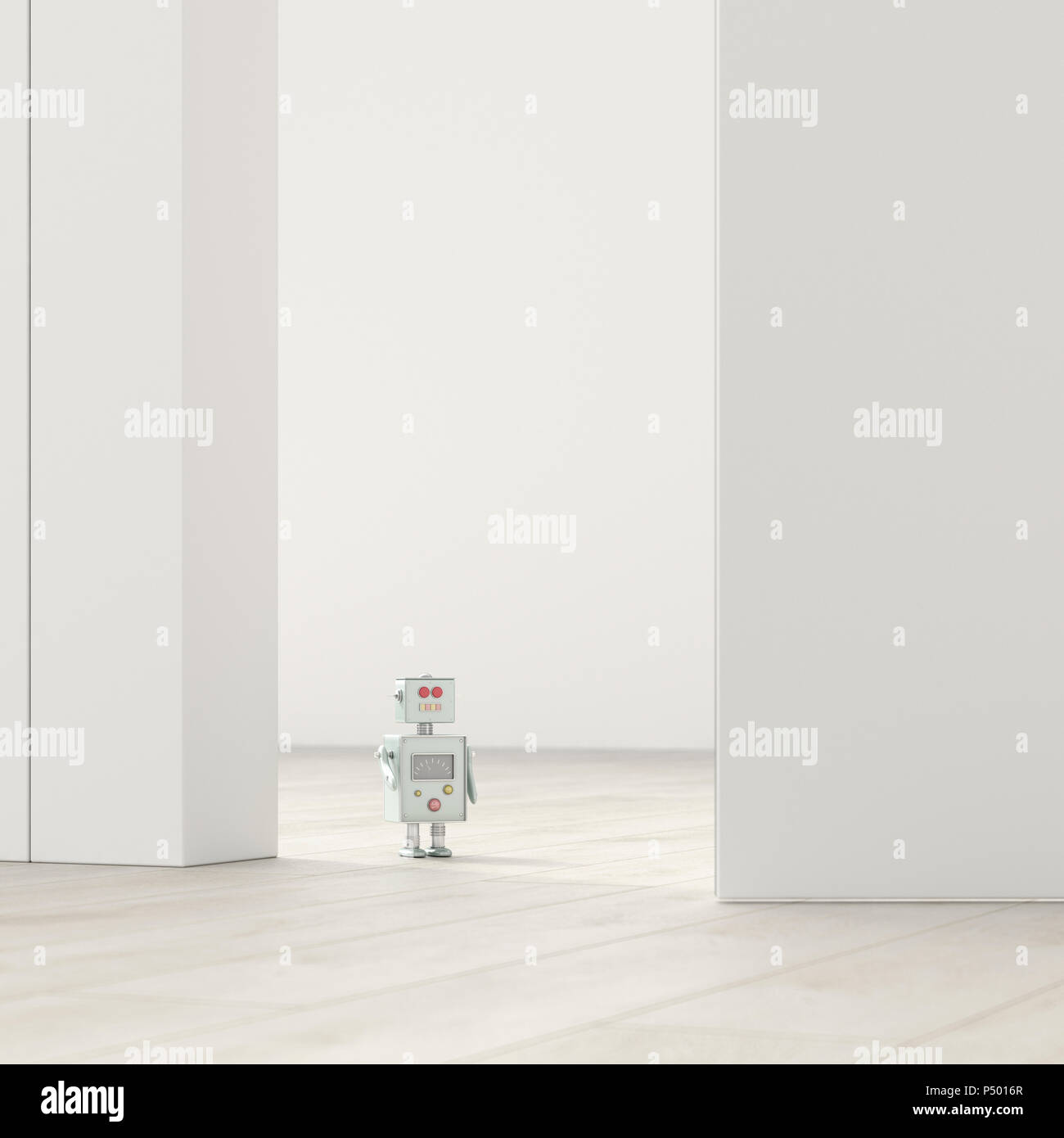 Robot in una stanza vuota, rendering 3D Foto Stock