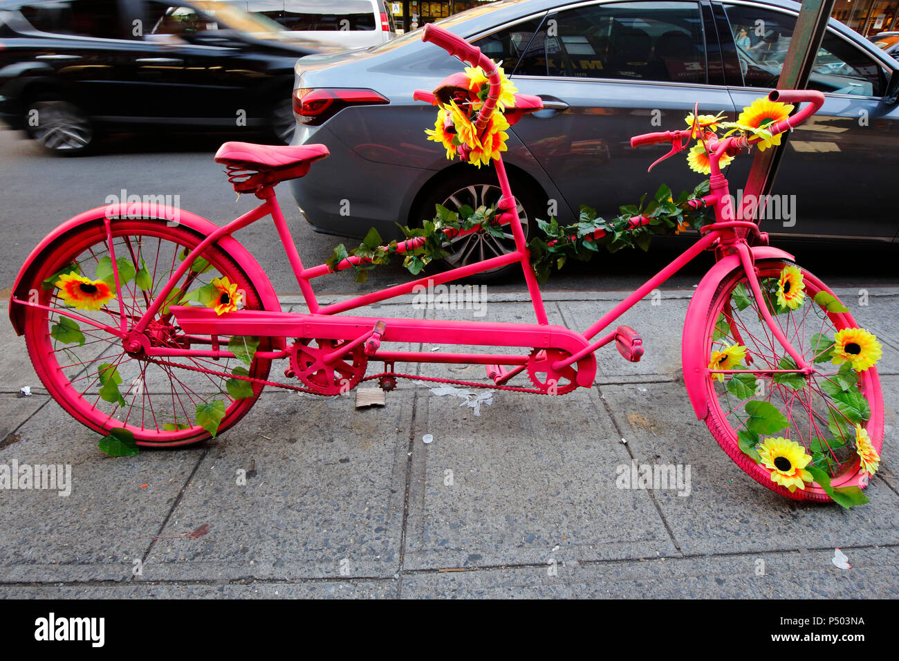 Un Neon Pink biciclette tandem a Brooklyn Foto Stock