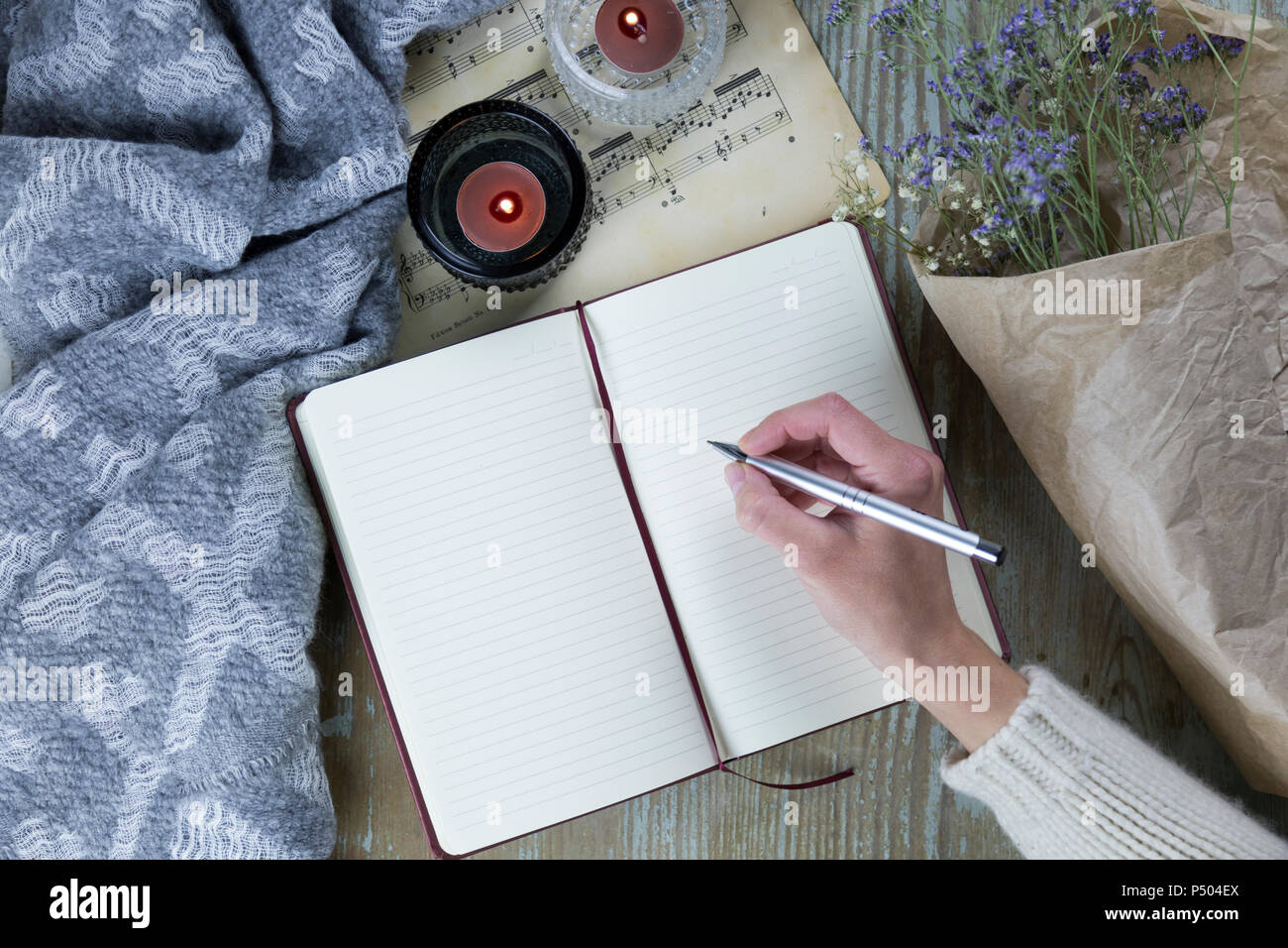 Mano di donna iscritto nel notebook Foto Stock