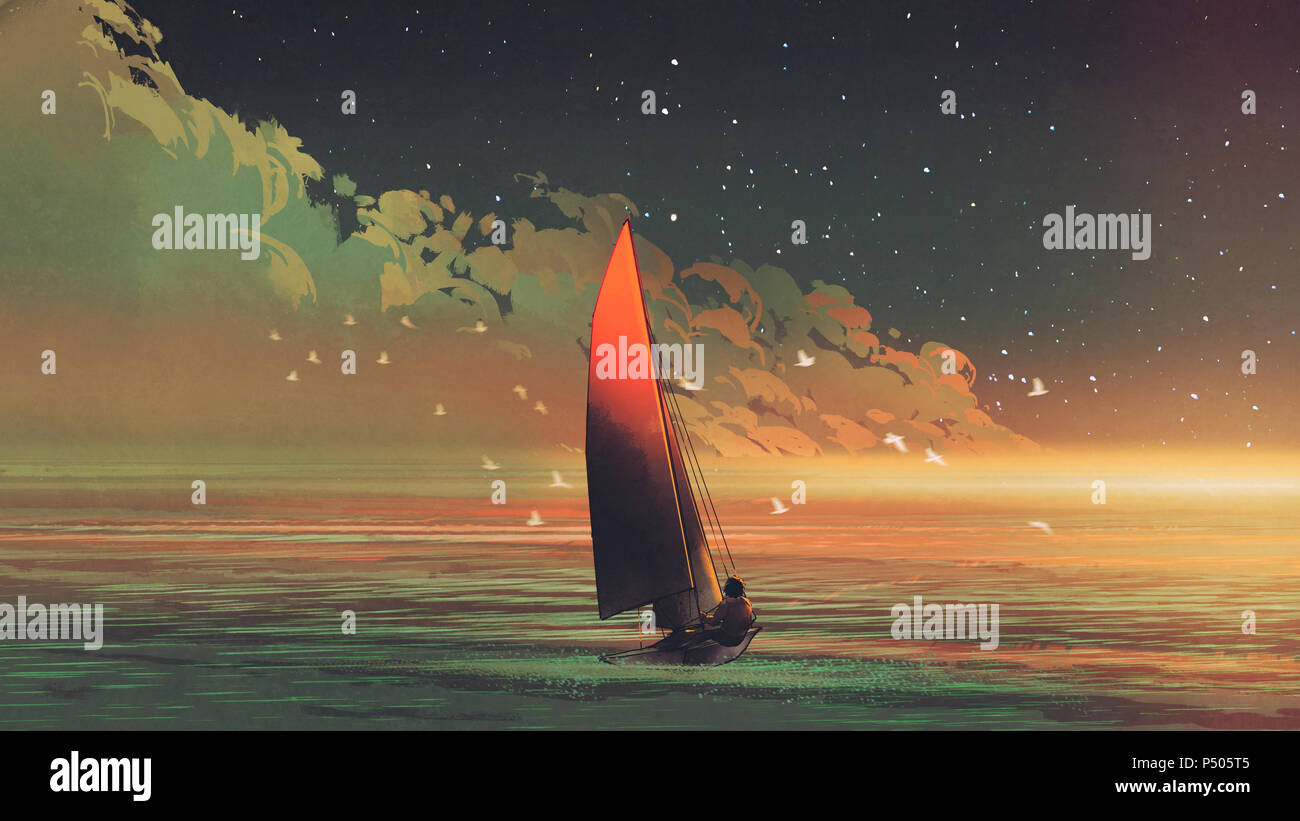 Barca a vela in mare con la luce del sole serale, arte digitale stile, illustrazione pittura Foto Stock