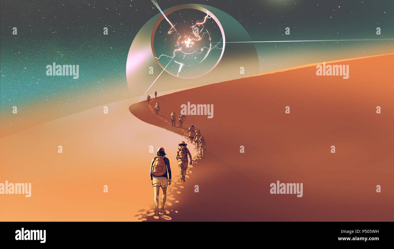 La gente a piedi attraverso un deserto per il misterioso edificio, arte digitale stile, illustrazione pittura Foto Stock