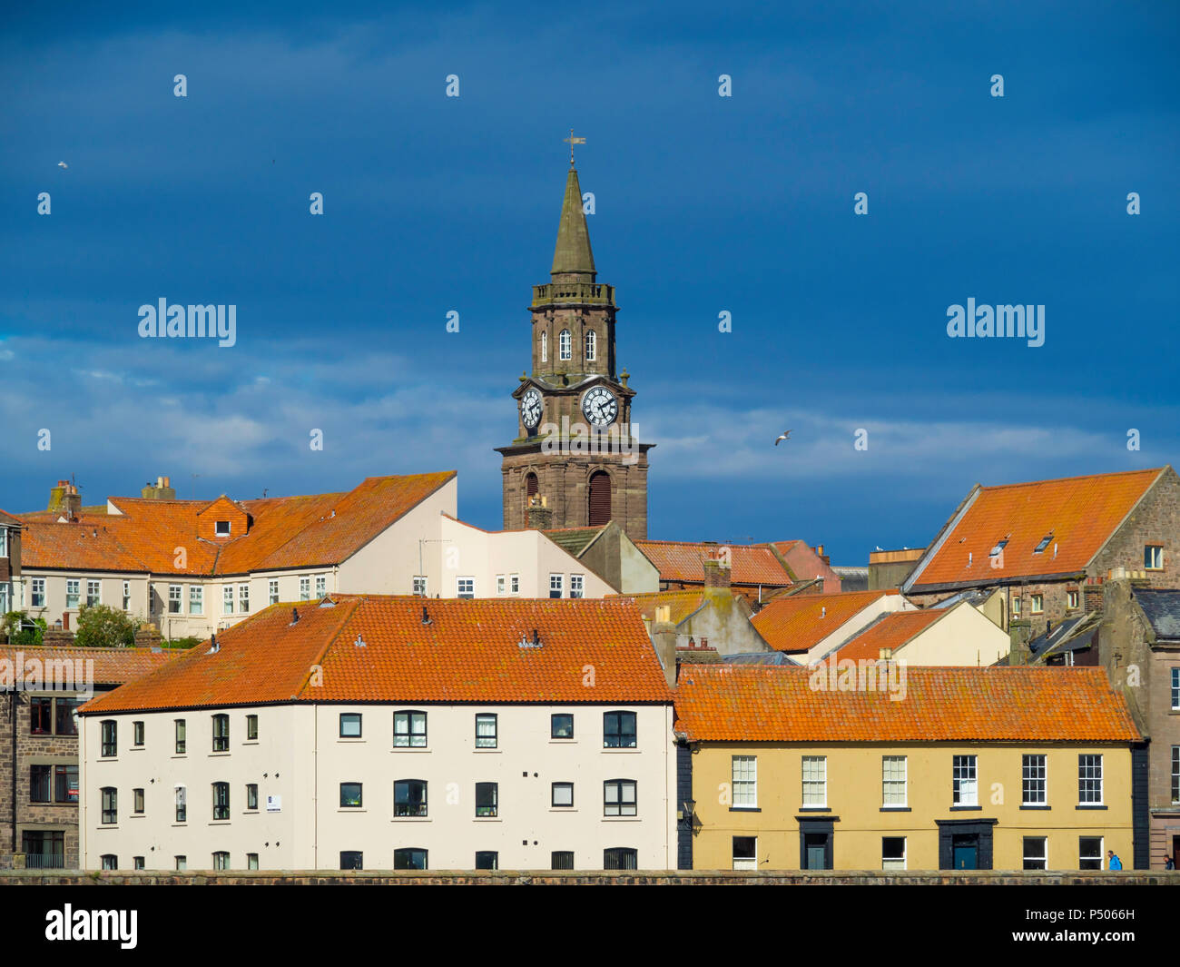 Hotel a Berwick On Tweed visto dal lato sud del fiume, che mostra la torre dell orologio sul palazzo del municipio del 1761 Foto Stock