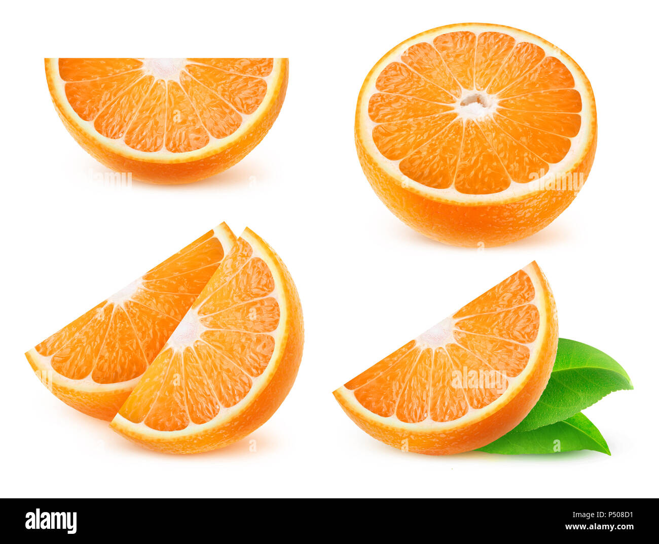 Isolate le fette di agrumi. Raccolta di tagliare la frutta arancione isolato su sfondo bianco con tracciato di ritaglio Foto Stock